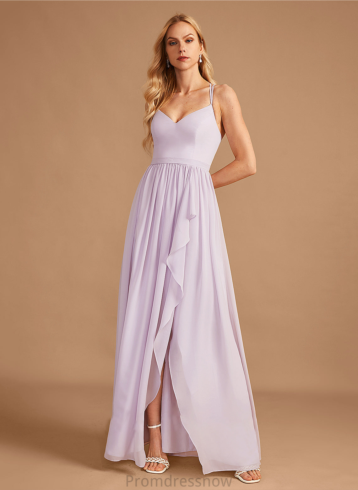 Fabric A-Line V-neck Length Ruffle Asymmetrical Embellishment SplitFront Neckline Silhouette Zoey Floor Length Bridesmaid Dresses