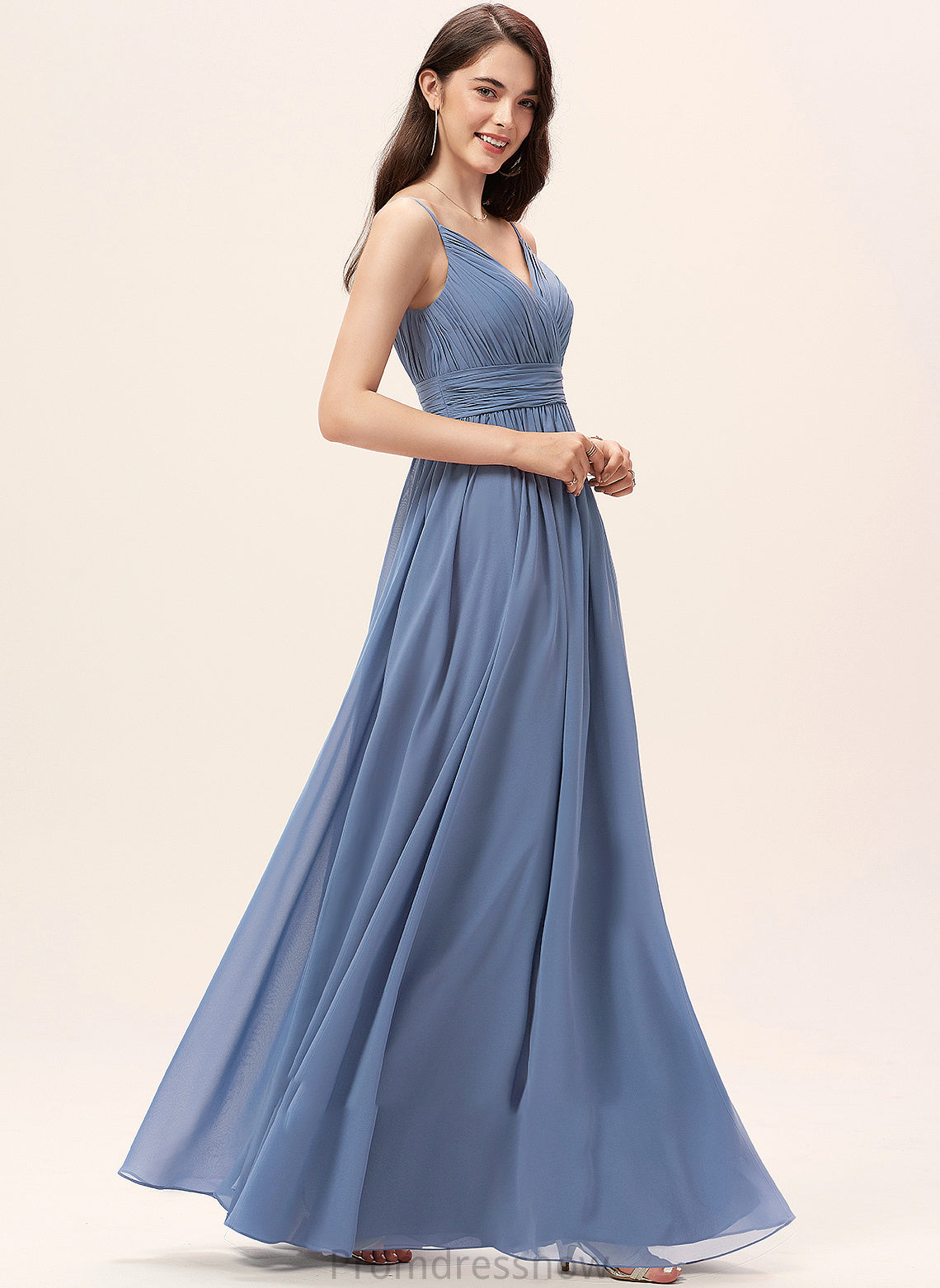 Floor-Length Length Fabric Silhouette V-neck A-Line Neckline Straps Thea Sleeveless Natural Waist Floor Length Bridesmaid Dresses