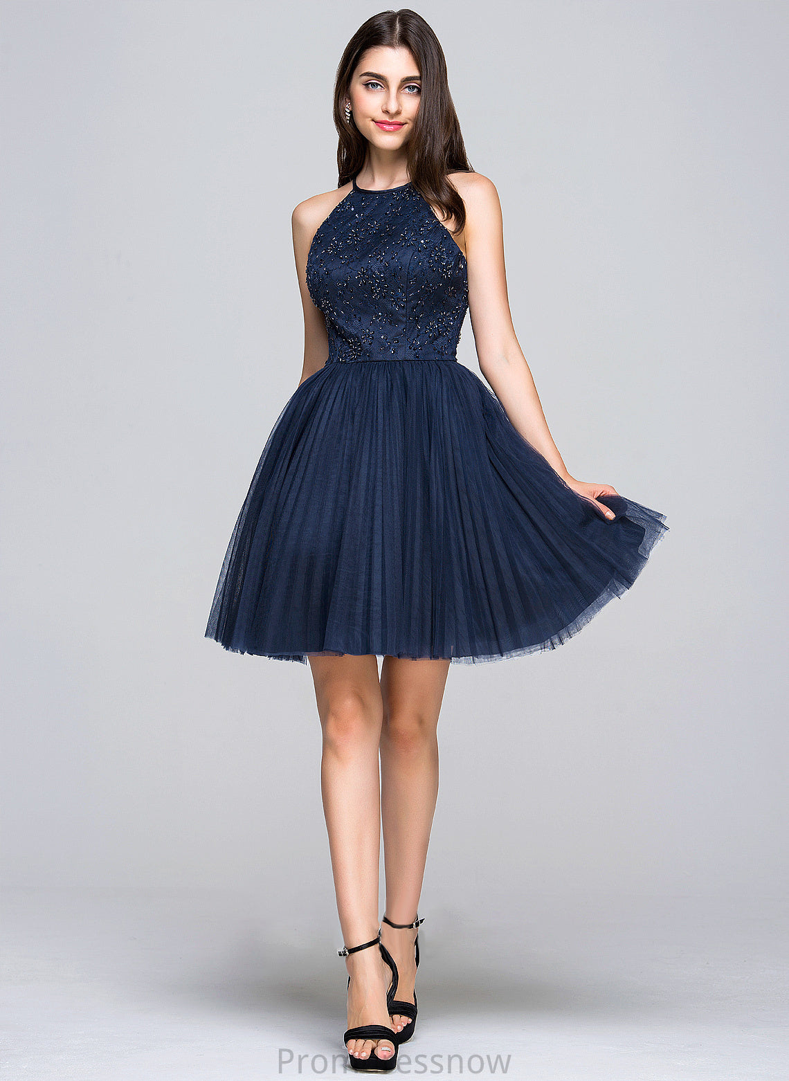 With Beading Bow(s) A-Line/Princess Neck Sydnee Pleated Prom Dresses Scoop Short/Mini Sequins