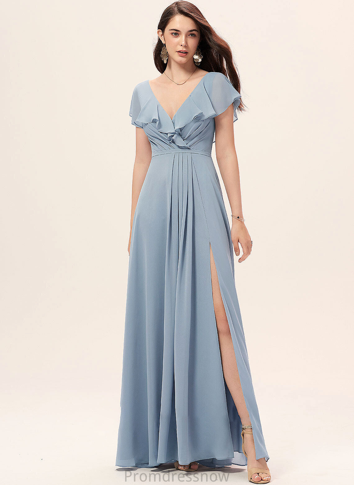 Floor-Length SplitFront Length Neckline Embellishment A-Line V-neck Silhouette Fabric Joy One Shoulder Natural Waist Bridesmaid Dresses