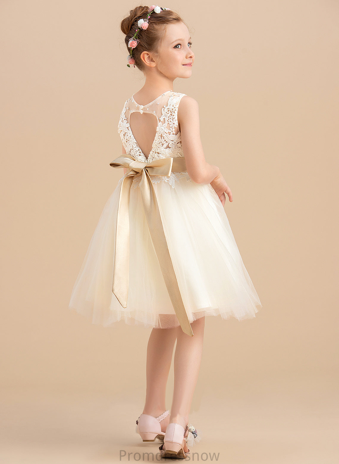 A-Line With Dress Knee-length Anastasia Sleeveless Sash/Beading/Back Flower Neck sash) (Detachable Scoop - Girl Flower Girl Dresses Tulle/Lace Hole