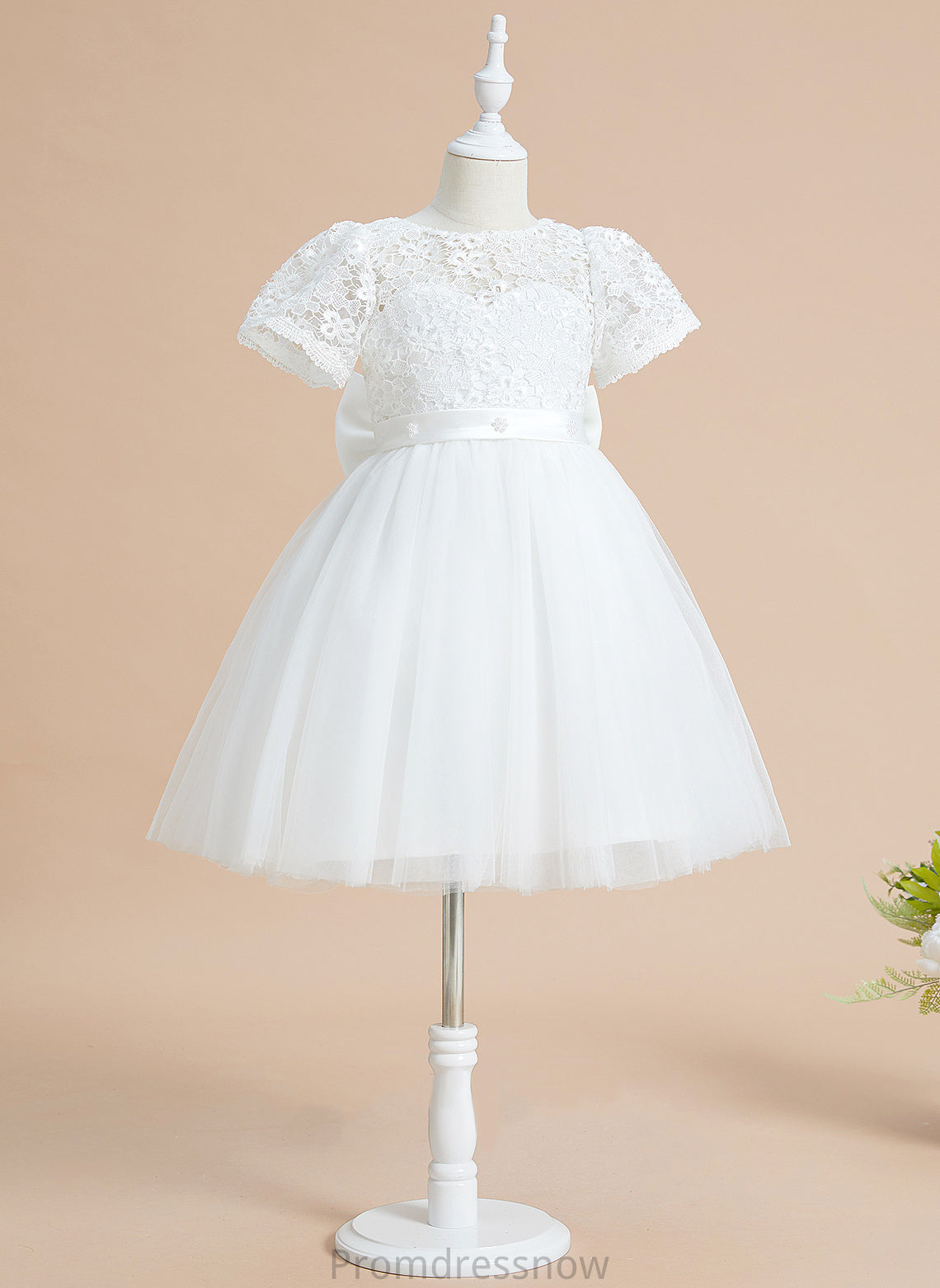 Bow(s) A-Line Dress Knee-length Flower Girl - Scoop Sleeves Nora Short Neck Flower Girl Dresses With Tulle/Lace