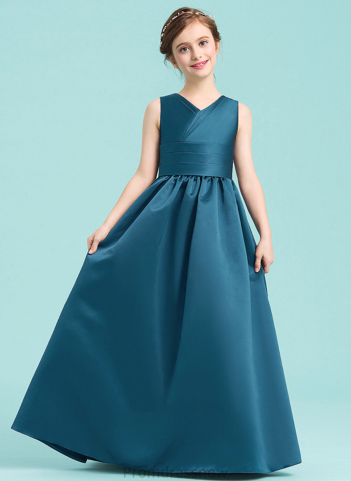 With Ball-Gown/Princess Floor-Length Ruffle Junior Bridesmaid Dresses Satin Mireya V-neck