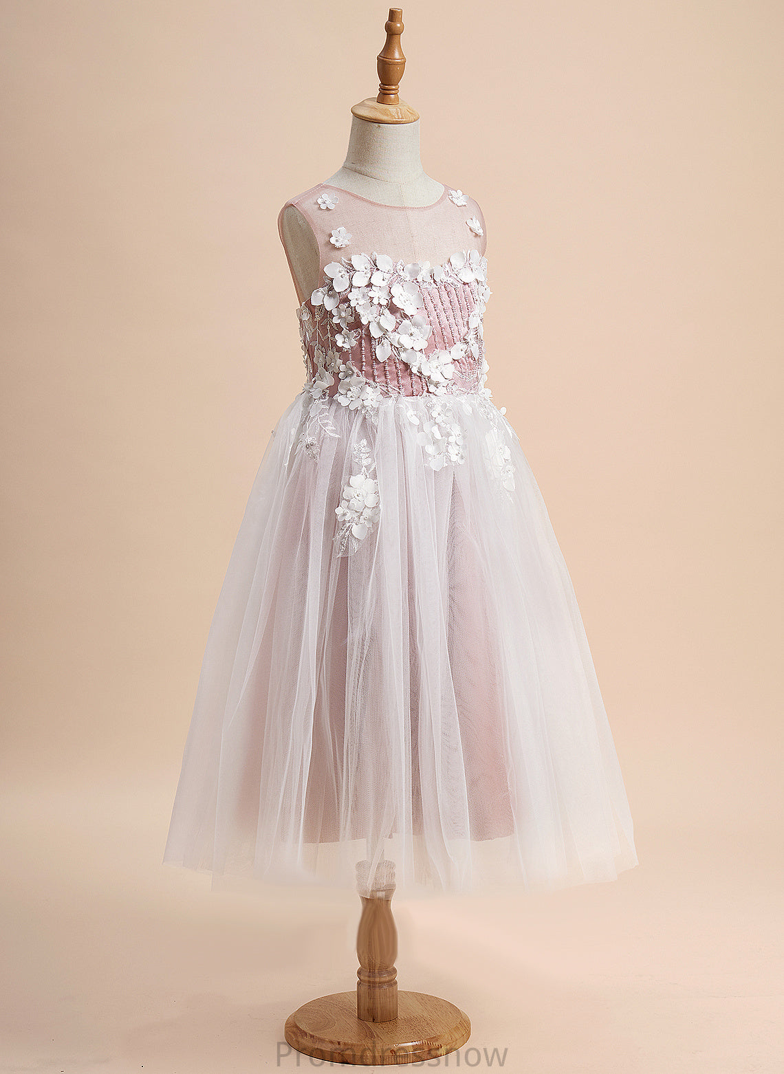 Louise Tulle Neck A-Line Scoop - Tea-length Girl With Flower Girl Dresses Lace/Beading/Flower(s) Sleeveless Dress Flower