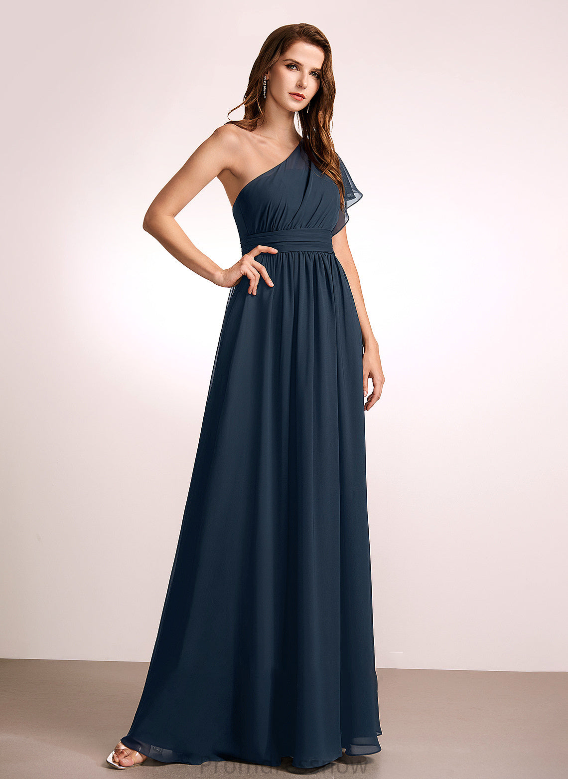 Ruffle One-Shoulder Silhouette Fabric Embellishment Neckline Length A-Line Floor-Length Hedda Natural Waist V-Neck Bridesmaid Dresses