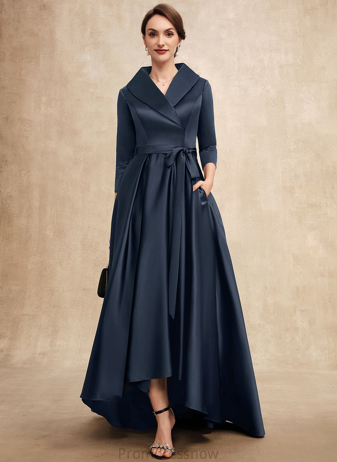 With the Lilith V-neck A-Line of Bride Bow(s) Mother of the Bride Dresses Asymmetrical Pockets Dress Satin Mother