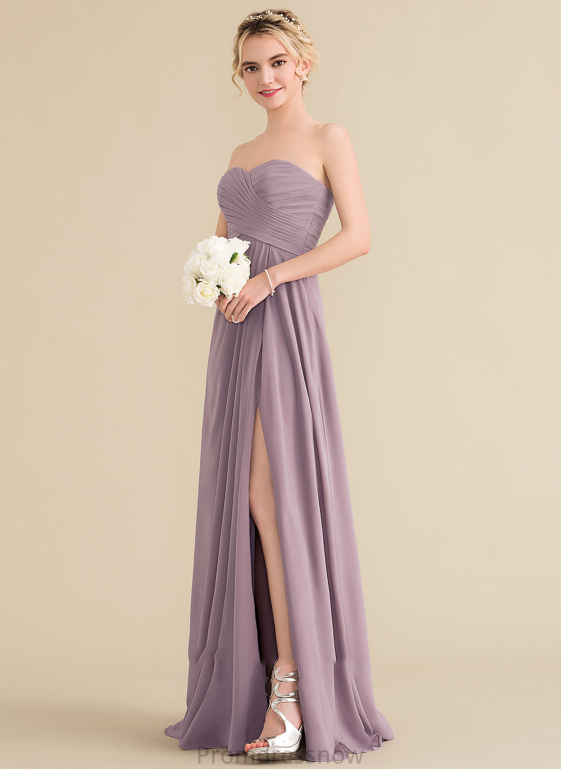 SplitFront A-Line Silhouette Neckline Sweetheart Fabric Length Ruffle Floor-Length Embellishment Ashlee Sleeveless Bridesmaid Dresses