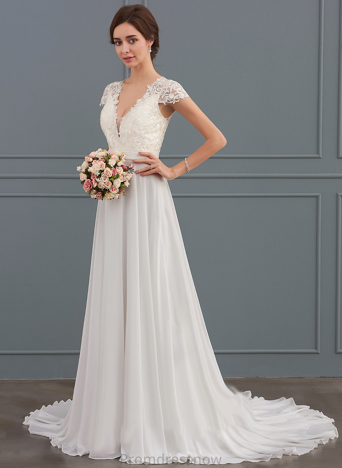 With A-Line Train Sweep Wedding Lace V-neck Aniyah Ruffle Dress Wedding Dresses Chiffon