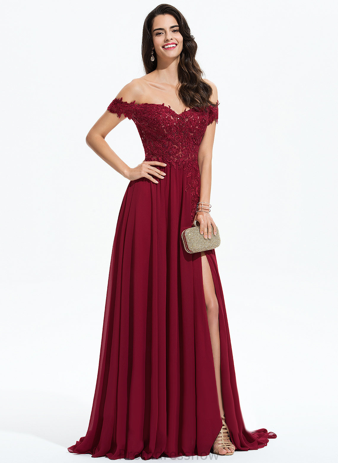 With Sequins Train Off-the-Shoulder Sweep A-Line Prom Dresses Chiffon Karissa