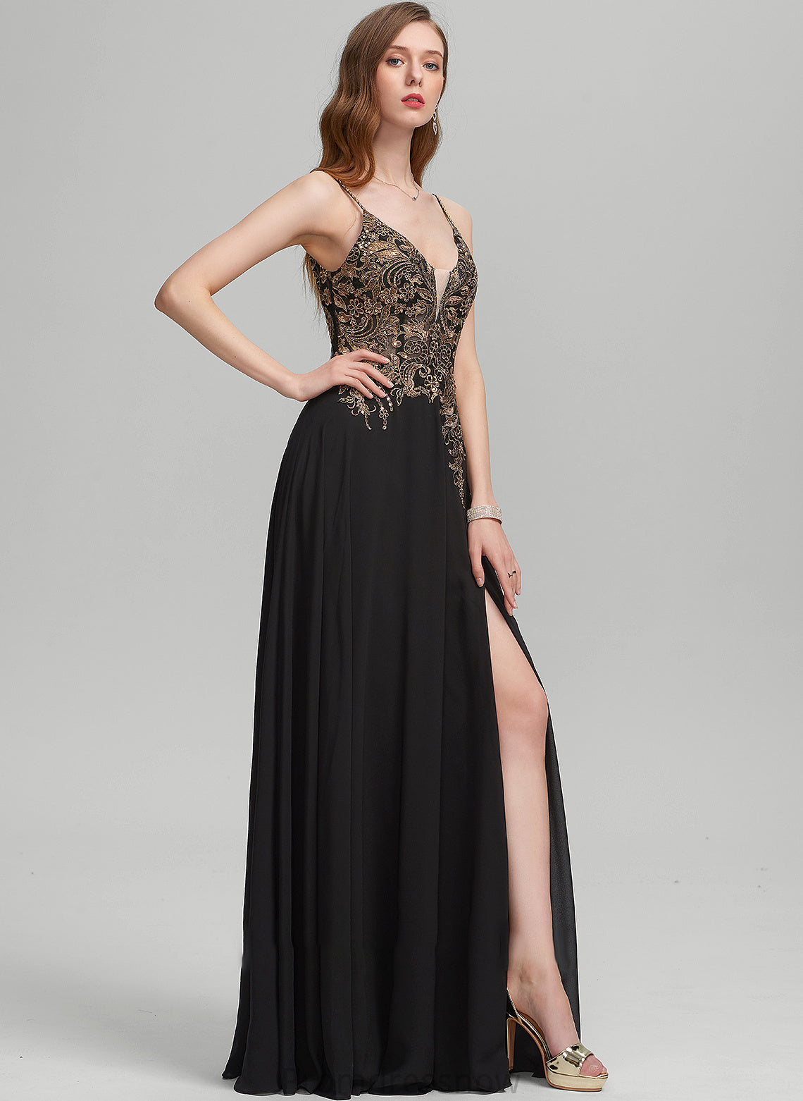 With A-Line Prom Dresses Front Split Floor-Length Jazmyn Lace V-neck Sequins Chiffon