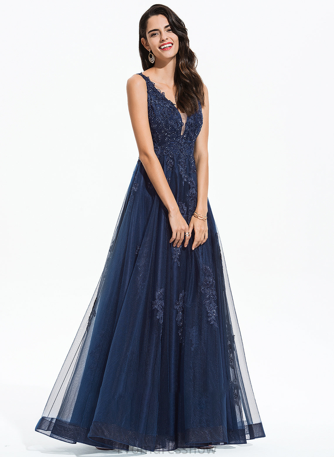 With Sequins A-Line Floor-Length V-neck Logan Lace Prom Dresses Tulle