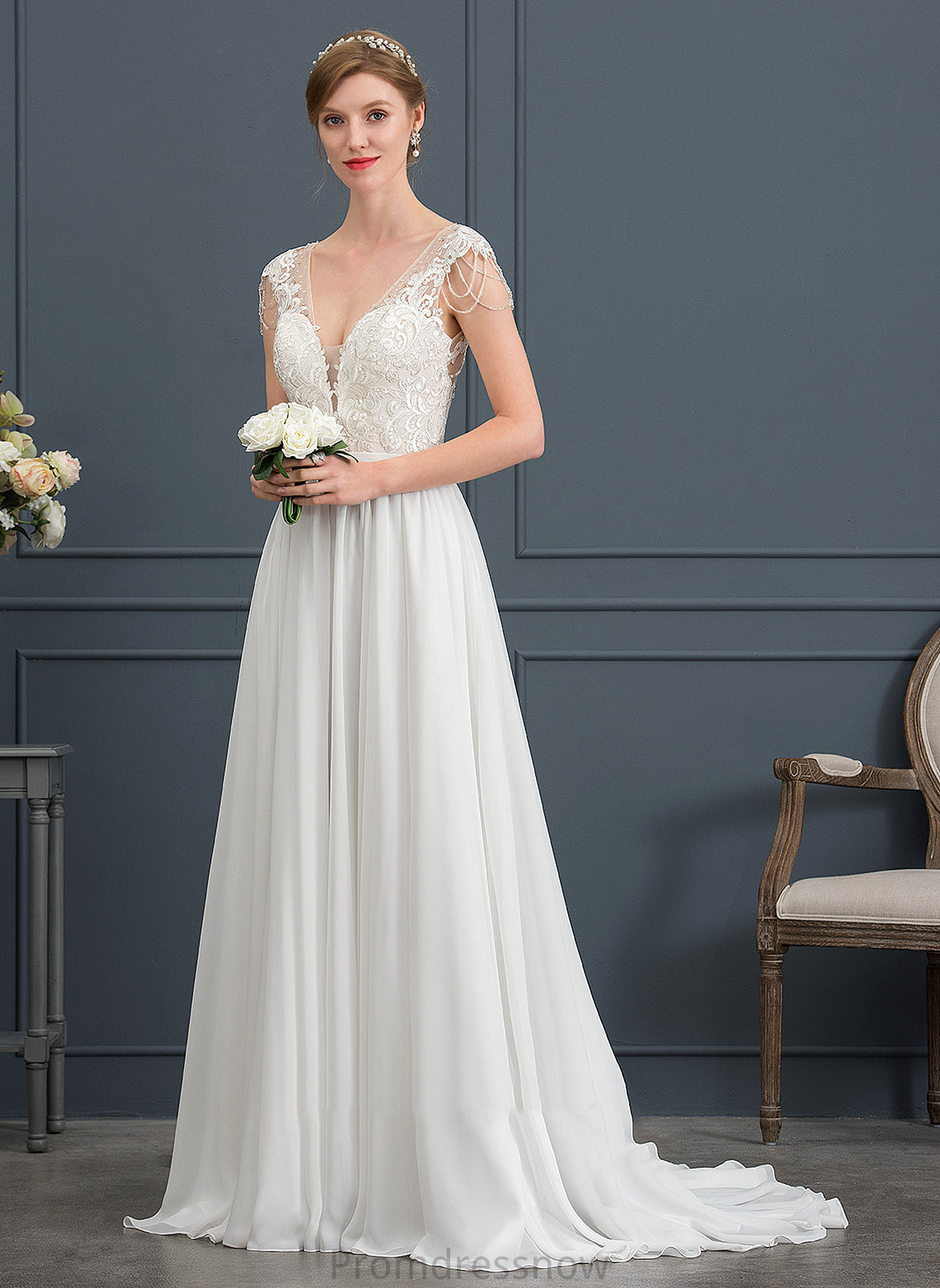 With Sequins Chiffon Wedding A-Line Sweep Beading Mylie V-neck Dress Train Wedding Dresses