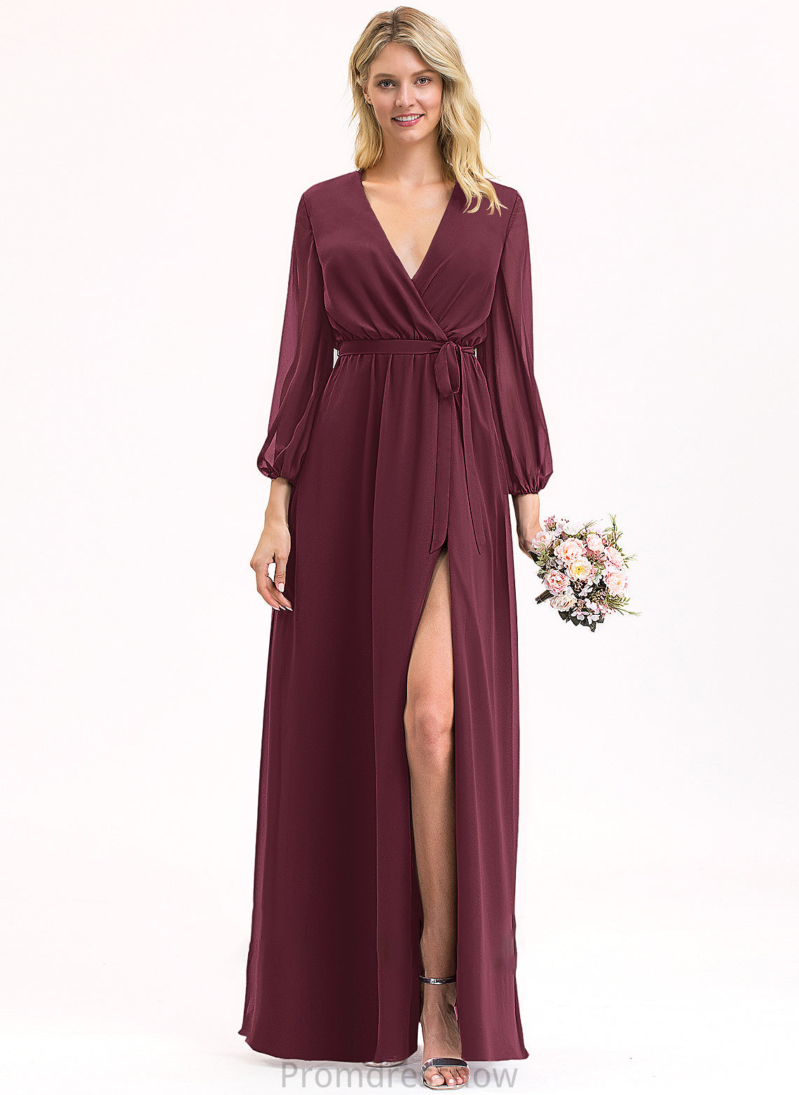 Length Silhouette V-neck A-Line Floor-Length Embellishment Ruffle Fabric SplitFront Bow(s) Neckline Jode Bridesmaid Dresses