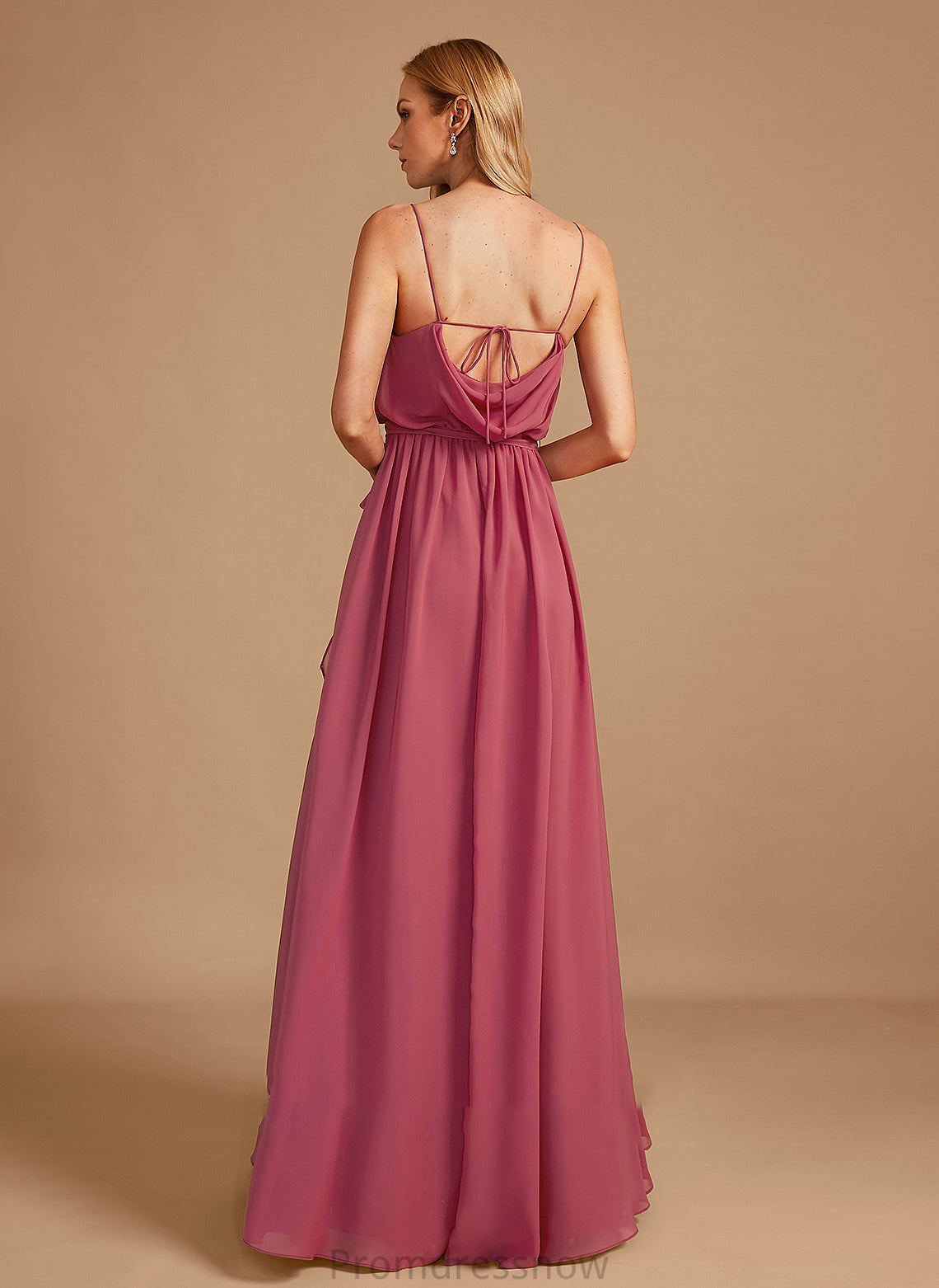 Silhouette Neckline Embellishment Length CowlNeck Floor-Length SplitFront A-Line Fabric Ruffle Gracie Straps Bridesmaid Dresses