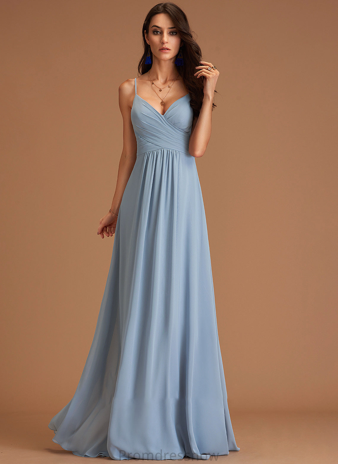 Neckline A-Line Silhouette Floor-Length Ruffle Fabric V-neck Length Embellishment Miriam Natural Waist Sleeveless Bridesmaid Dresses