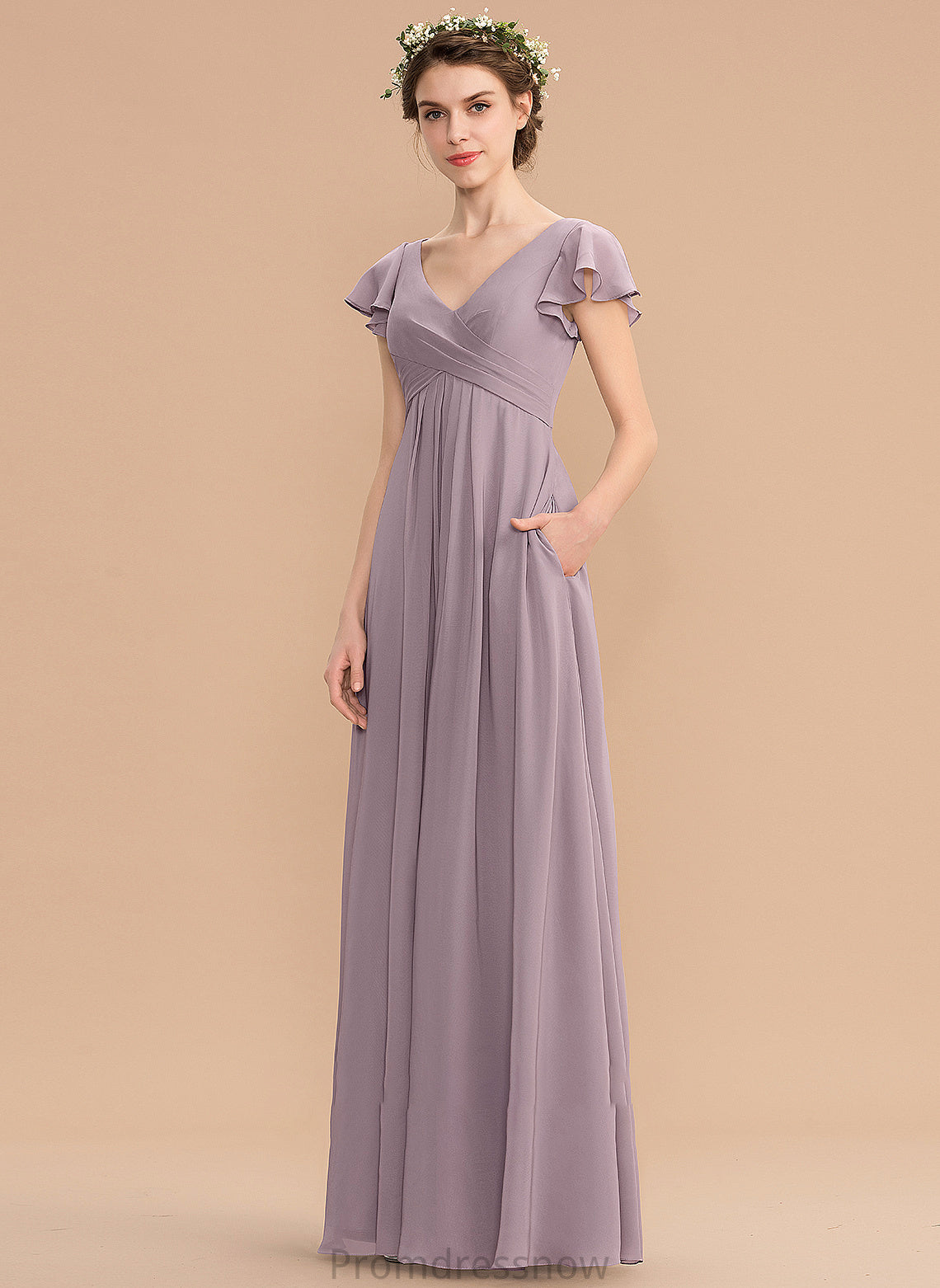 A-Line CascadingRuffles Pockets Neckline Silhouette Fabric Length V-neck Embellishment Floor-Length Kenzie A-Line/Princess Bridesmaid Dresses