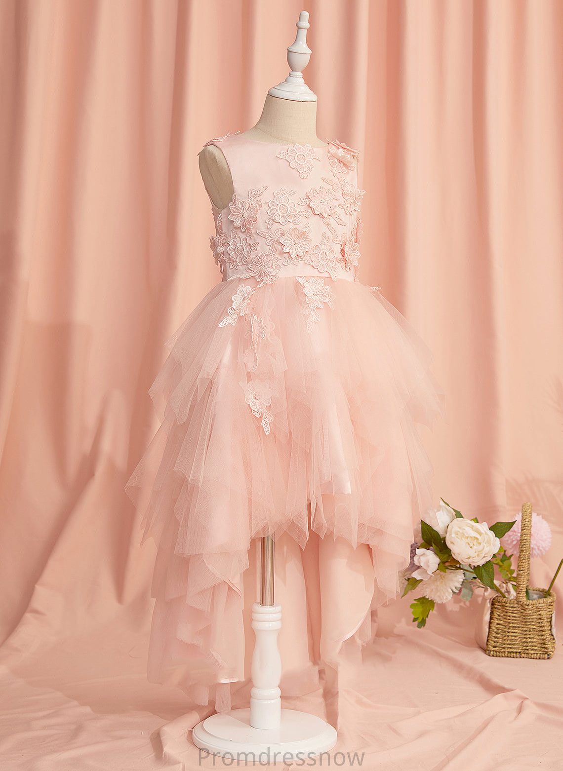 Ball-Gown/Princess Lace/Flower(s)/V Neck Girl With Back Asymmetrical Sleeveless - Flower Girl Dresses Scoop Tulle Dress Flower Gabriella