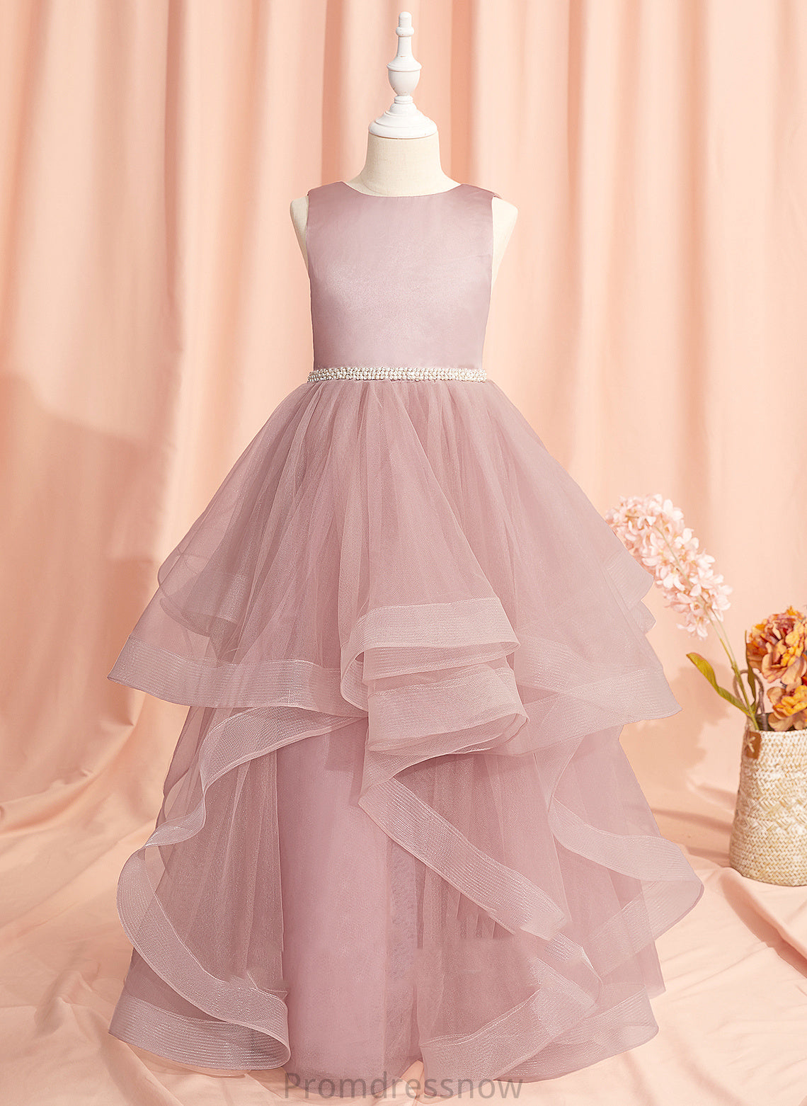 Flower Girl Dresses Tulle Floor-length Sleeveless Dress Neck Back Scoop Beading/Bow(s)/V Ball-Gown/Princess Flower - With Mariana Girl