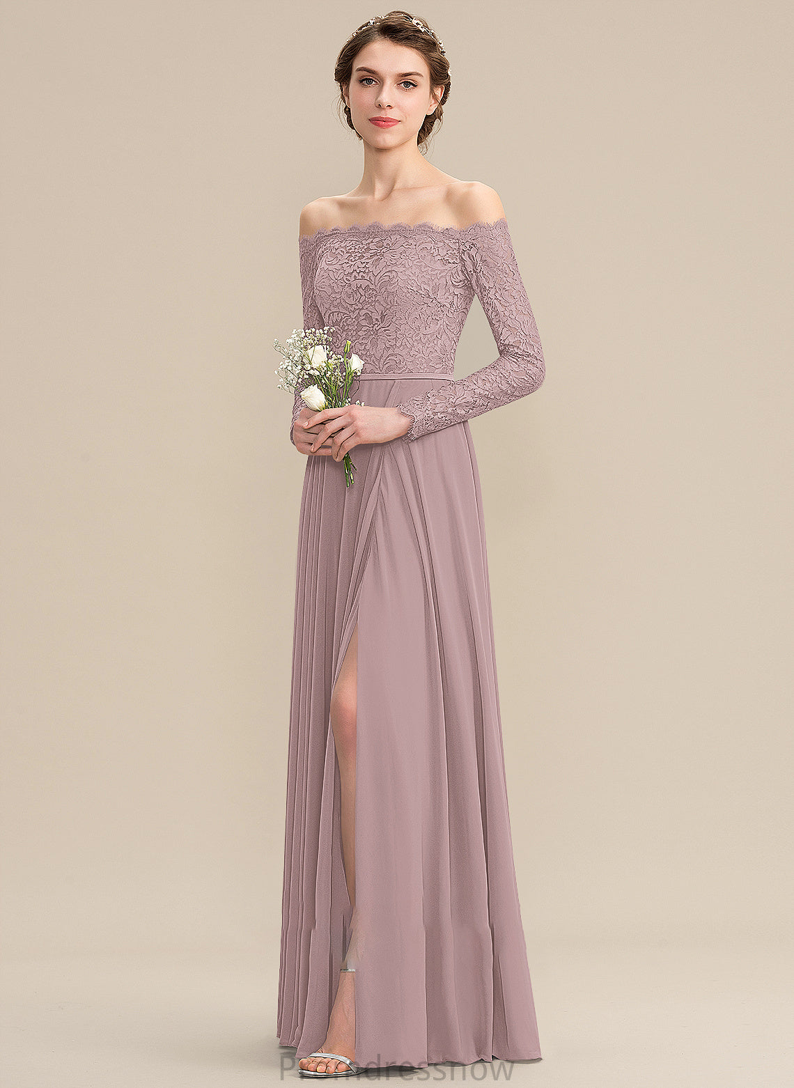 Length Fabric SplitFront Silhouette A-Line Off-the-Shoulder Neckline Embellishment Floor-Length Adelaide Spaghetti Staps Trumpet/Mermaid Bridesmaid Dresses