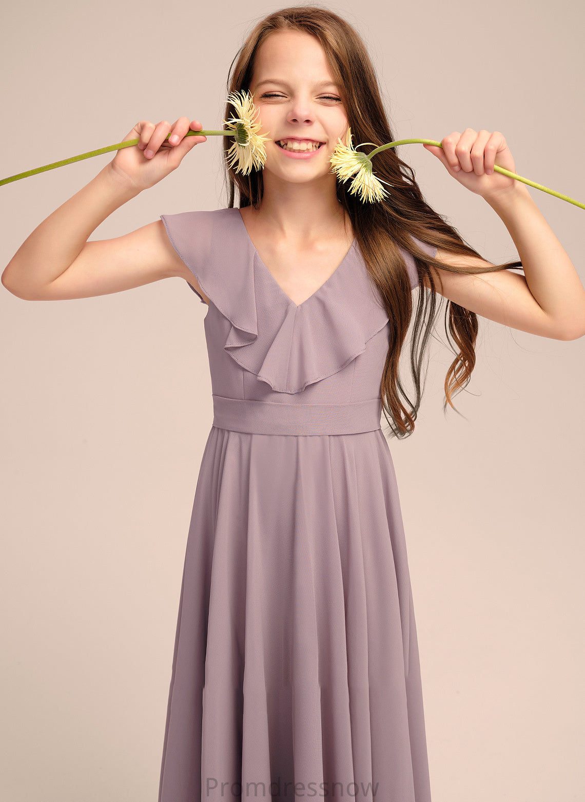 With Chiffon Floor-Length A-Line Ruffles Cascading Junior Bridesmaid Dresses Thalia V-neck