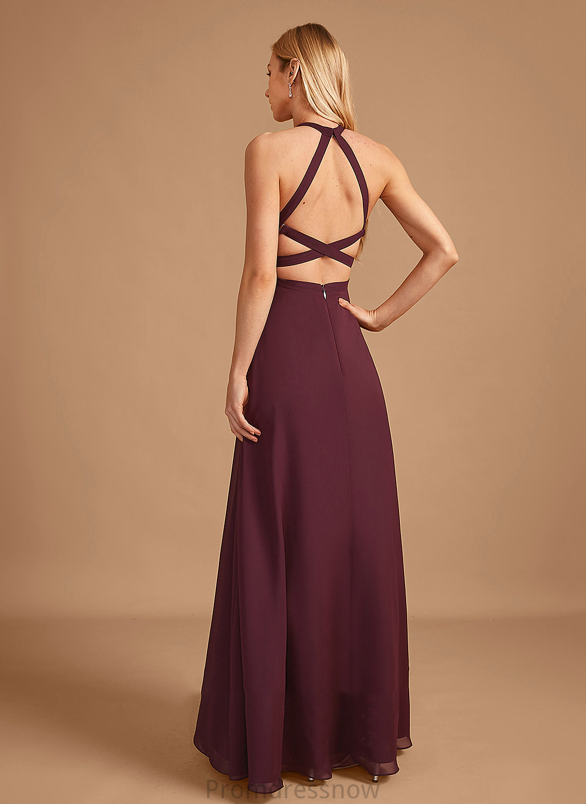 Floor-Length SplitFront Embellishment Length HighNeck Fabric Neckline Silhouette A-Line Thirza Straps Sleeveless Bridesmaid Dresses