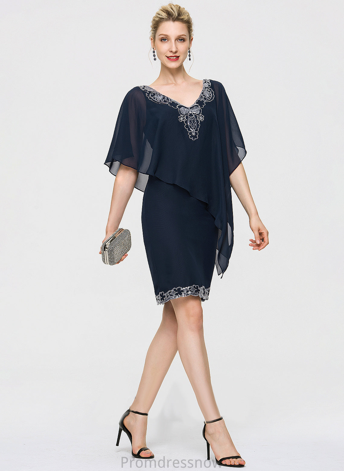 With Cocktail Dresses Sheath/Column Cocktail Sequins Lace Natalia Dress Knee-Length Chiffon V-neck