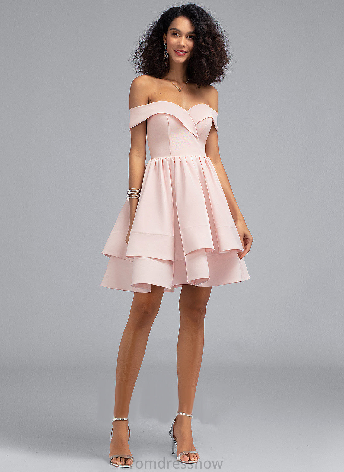 With Laylah Ruffles Stretch Short/Mini Off-the-Shoulder Crepe Cascading A-Line Prom Dresses