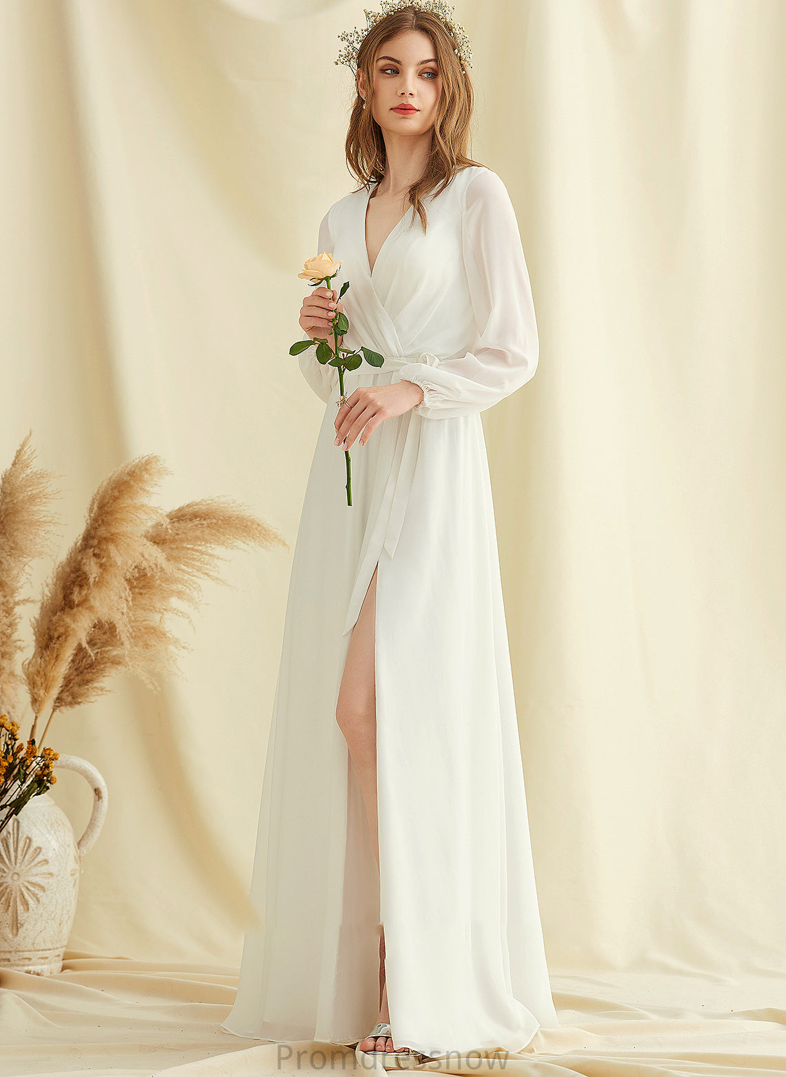 With Chiffon Front Split Wedding Floor-Length A-Line Dress Jamiya Wedding Dresses V-neck