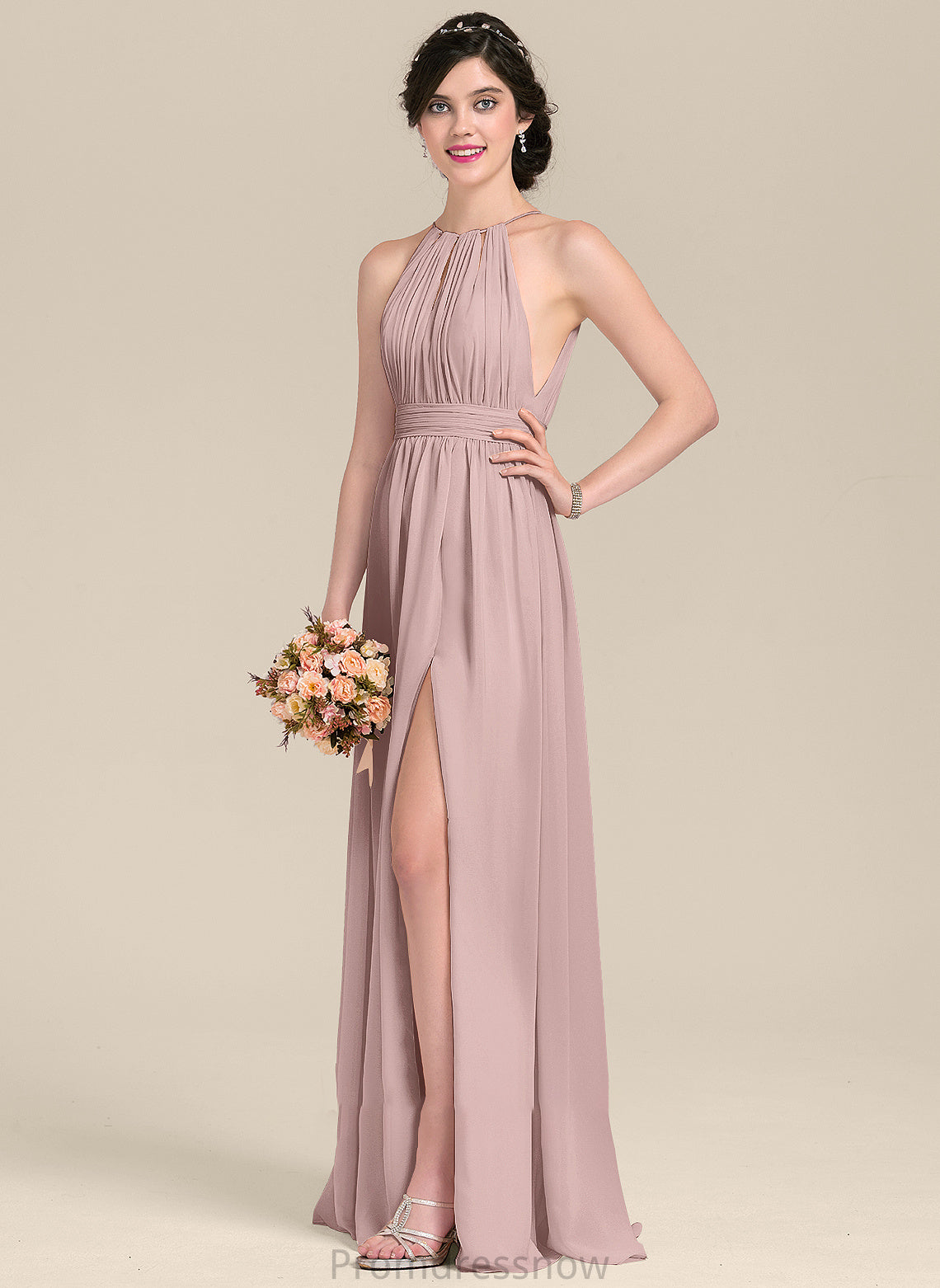 A-Line SplitFront Ruffle Length Silhouette Floor-Length Embellishment Fabric Bow(s) Neckline ScoopNeck Kamila Bridesmaid Dresses