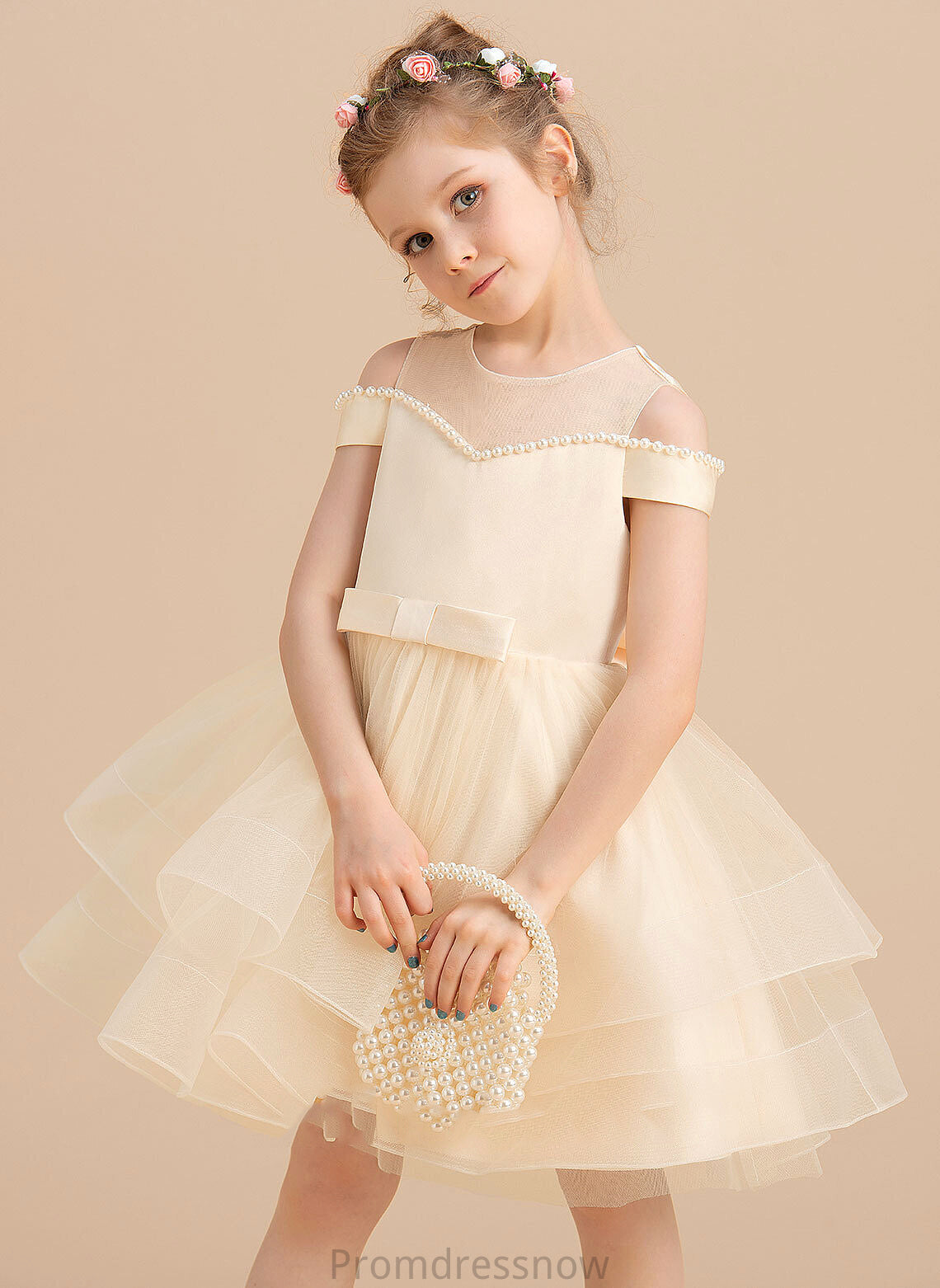 Ball-Gown/Princess Girl - Scoop Neck Dress Sleeveless Beading/Bow(s) Flower Girl Dresses Satin/Tulle Flower Knee-length Trinity With