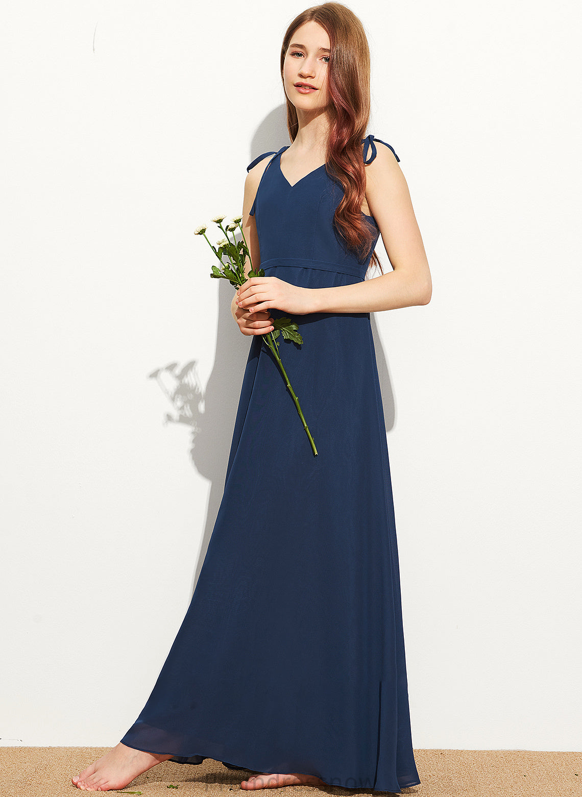 With Bow(s) Floor-Length V-neck Chiffon Scarlet A-Line Junior Bridesmaid Dresses