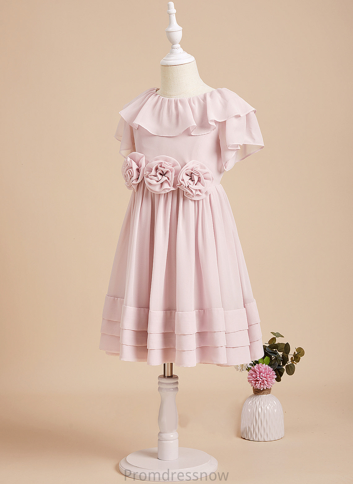 Back Chiffon Flower Girl Dresses Dress Sleeves Short Scoop Knee-length Girl Ruffles/Flower(s)/V - With Neck Lizeth A-Line Flower