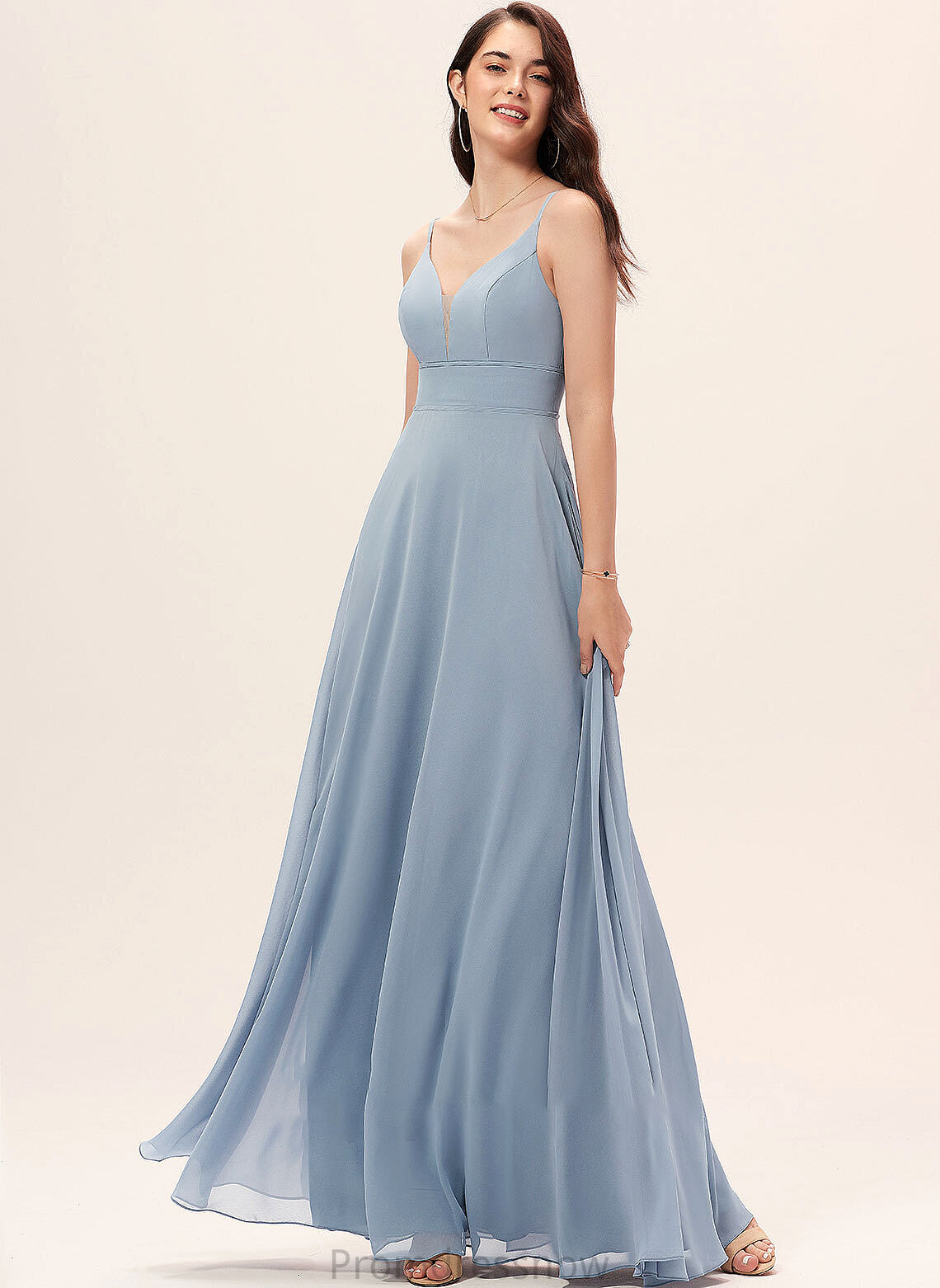 Floor-Length Neckline Length A-Line Silhouette V-neck Straps Fabric Amira Sleeveless Natural Waist Floor Length Bridesmaid Dresses