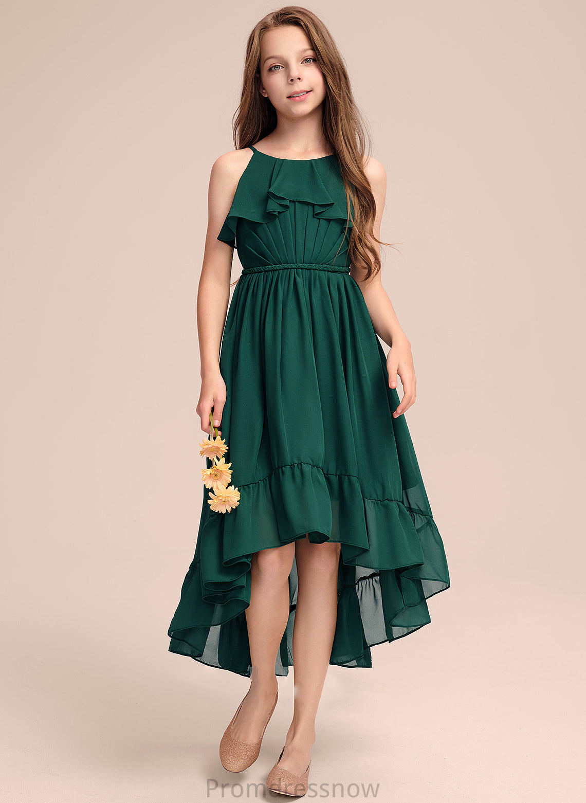 With Asymmetrical Scoop Junior Bridesmaid Dresses Alexa Cascading A-Line Neck Chiffon Ruffles