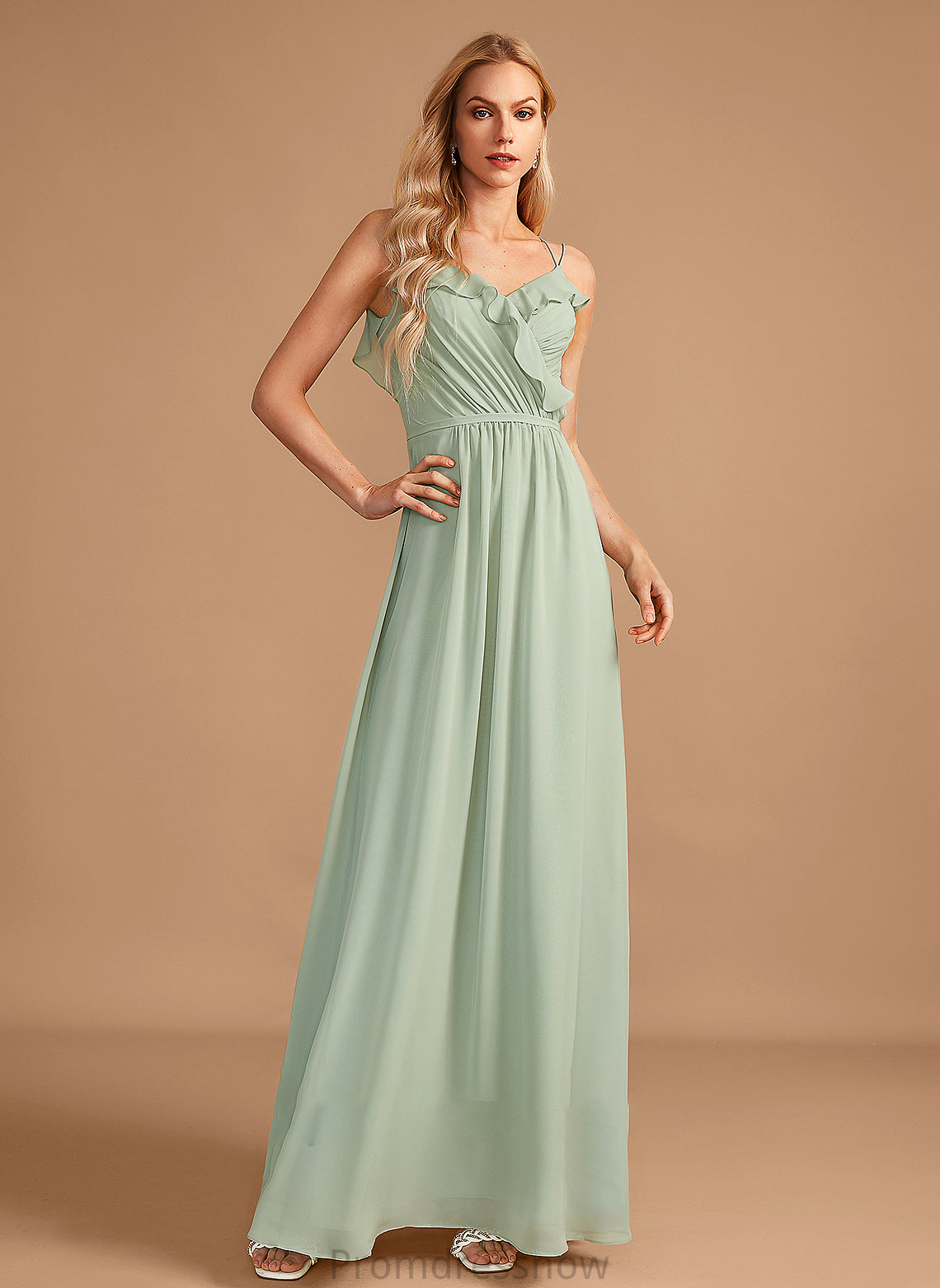 A-Line Fabric V-neck Silhouette Ruffle Length Floor-Length Embellishment Neckline Jazmin Floor Length Sheath/Column Bridesmaid Dresses