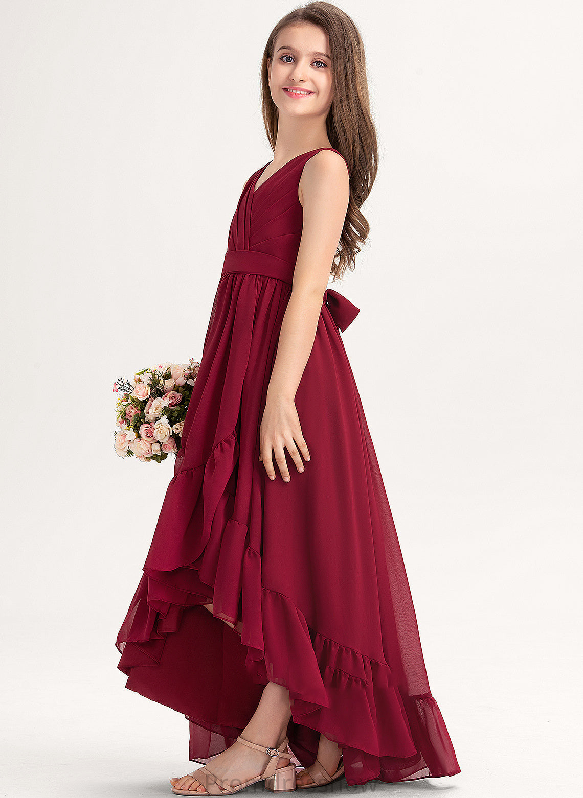 Ruffles Junior Bridesmaid Dresses V-neck Bow(s) Chiffon Cascading A-Line Julia With Asymmetrical