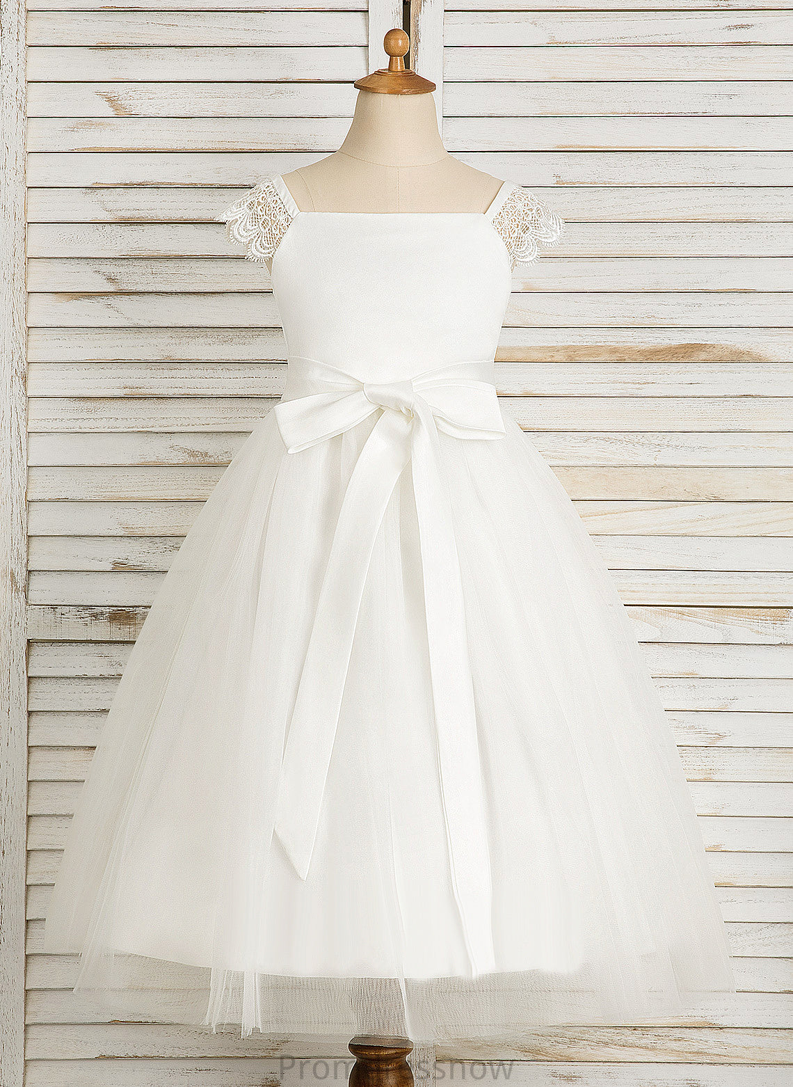 Dress Neckline - Flower Girl Dresses Girl Square Lace/Sash Satin/Tulle Flower Sleeveless With A-Line Tea-length Stacy