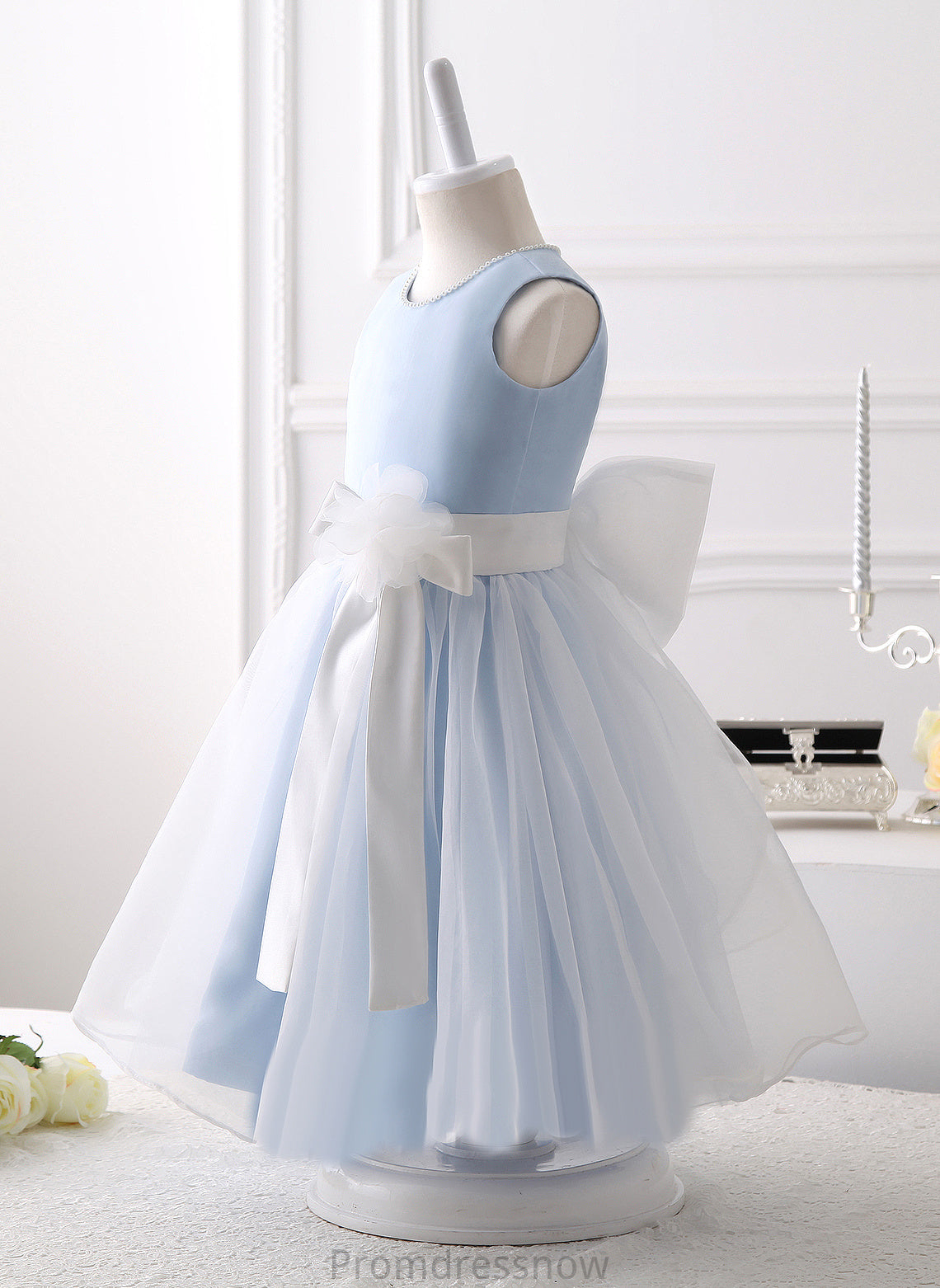 Knee-length A-Line Beading/Flower(s)/Bow(s) Flower Girl Dresses Girl With Allisson Organza - Scoop Neck Flower Dress Sleeveless