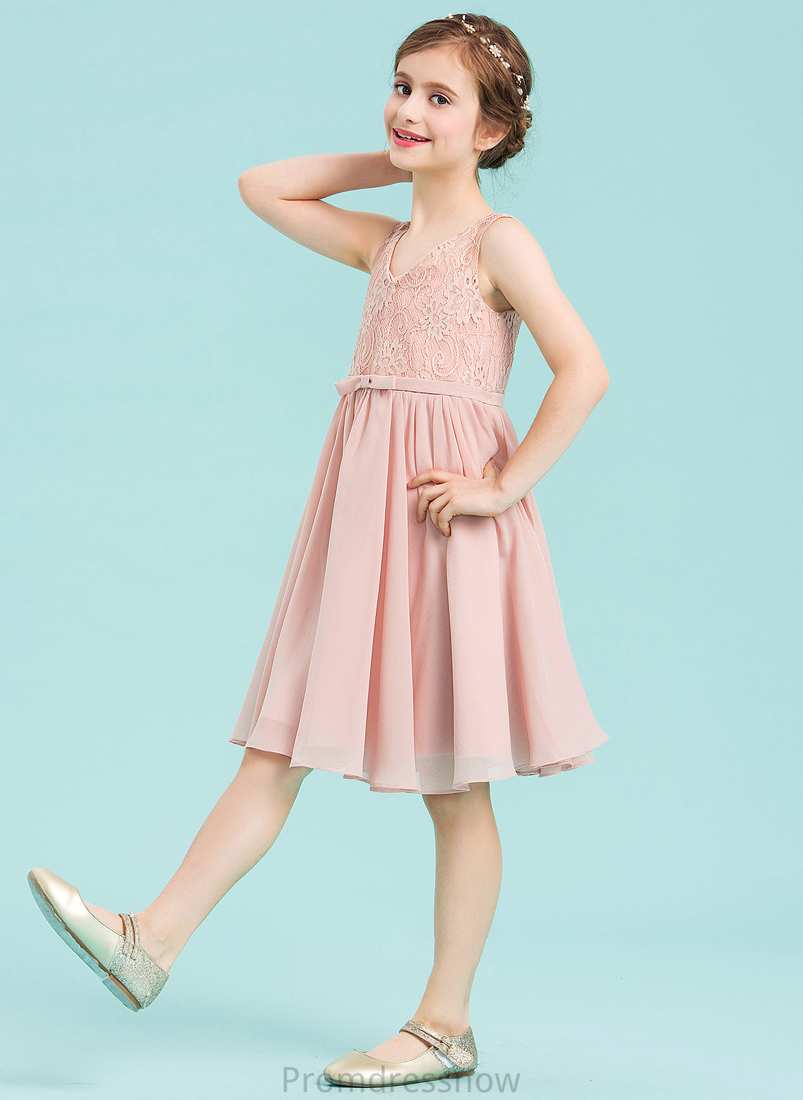 With Knee-Length Annabella V-neck Bow(s) Chiffon Junior Bridesmaid Dresses A-Line