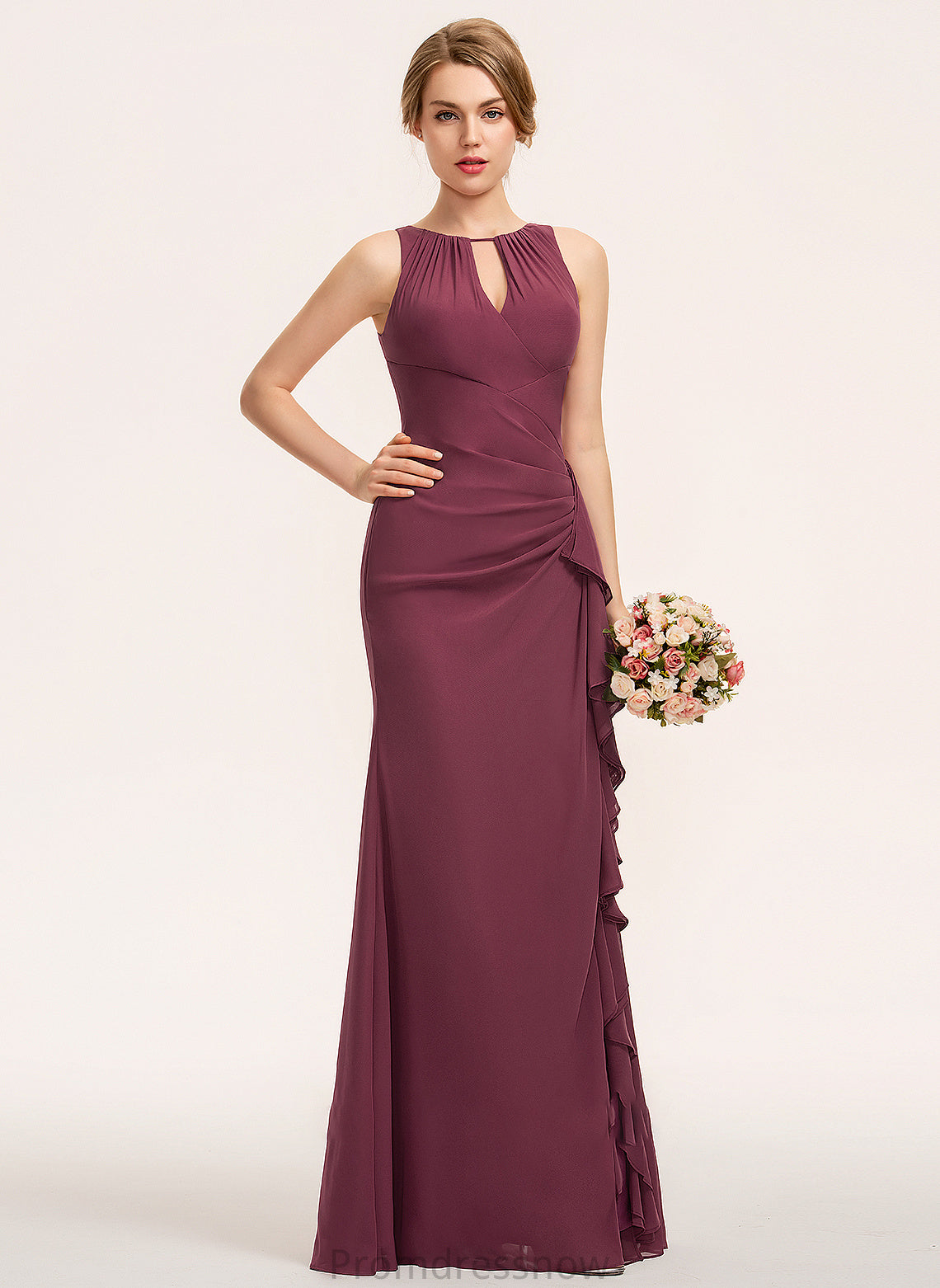 CascadingRuffles ScoopNeck Floor-Length Neckline A-Line Fabric SplitFront Embellishment Silhouette Length Shyann Sleeveless Bridesmaid Dresses