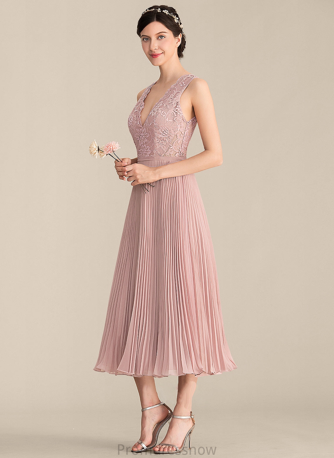 A-Line Length Embellishment V-neck Fabric Pleated Silhouette Neckline Tea-Length Ellen A-Line/Princess Natural Waist Bridesmaid Dresses