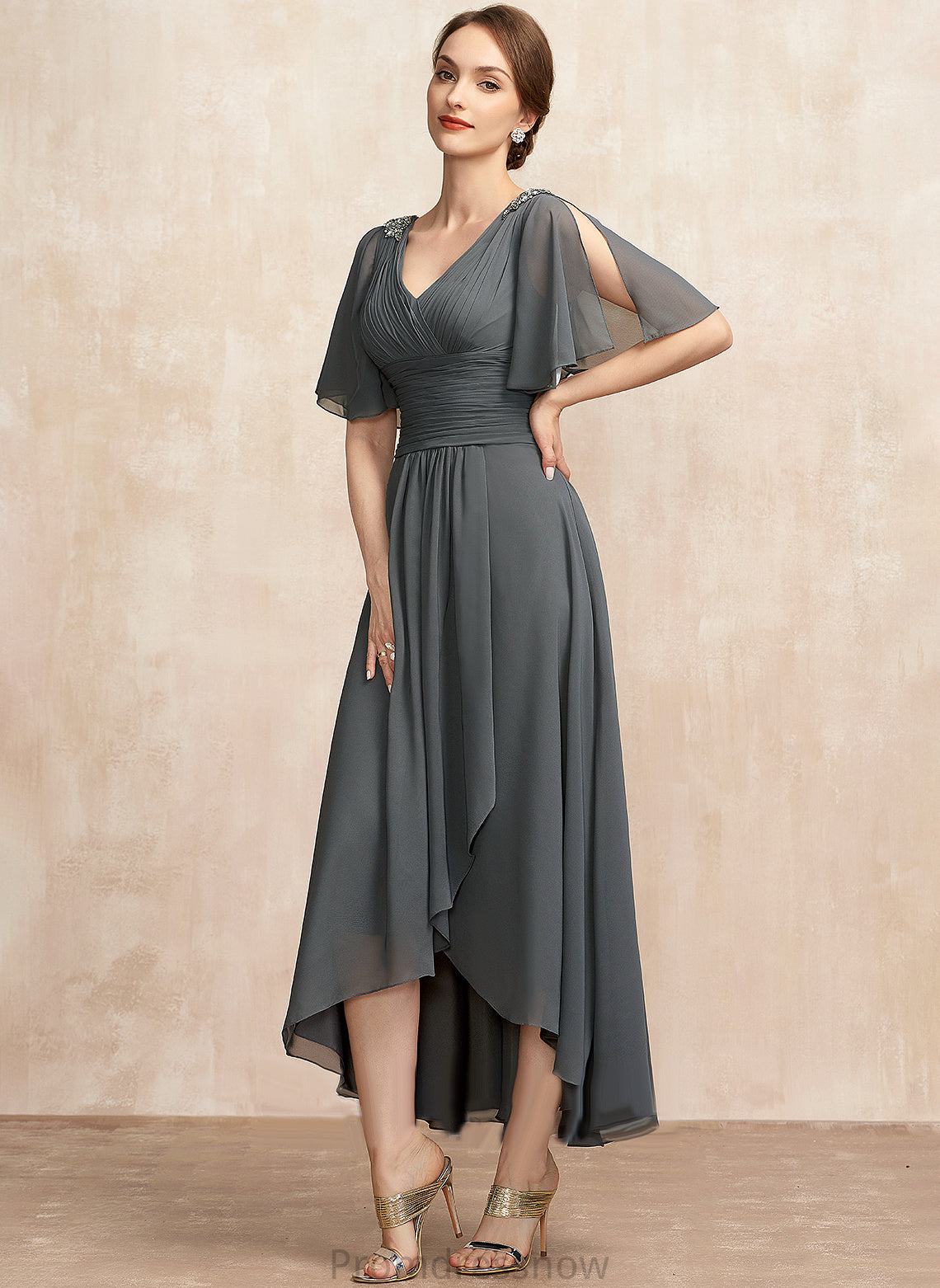 With Mother Beading Bride A-Line of Ruffle Asymmetrical Dress Mother of the Bride Dresses Chiffon the V-neck Marina