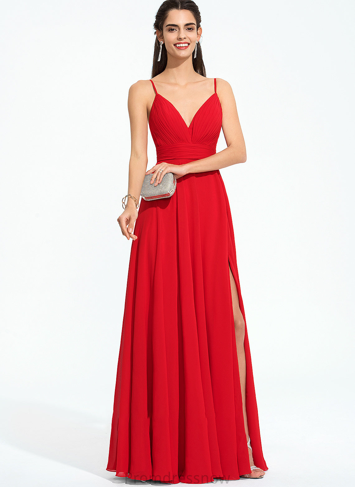 With Split Chiffon Prom Dresses Front A-Line V-neck Gwendoline Floor-Length Ruffle