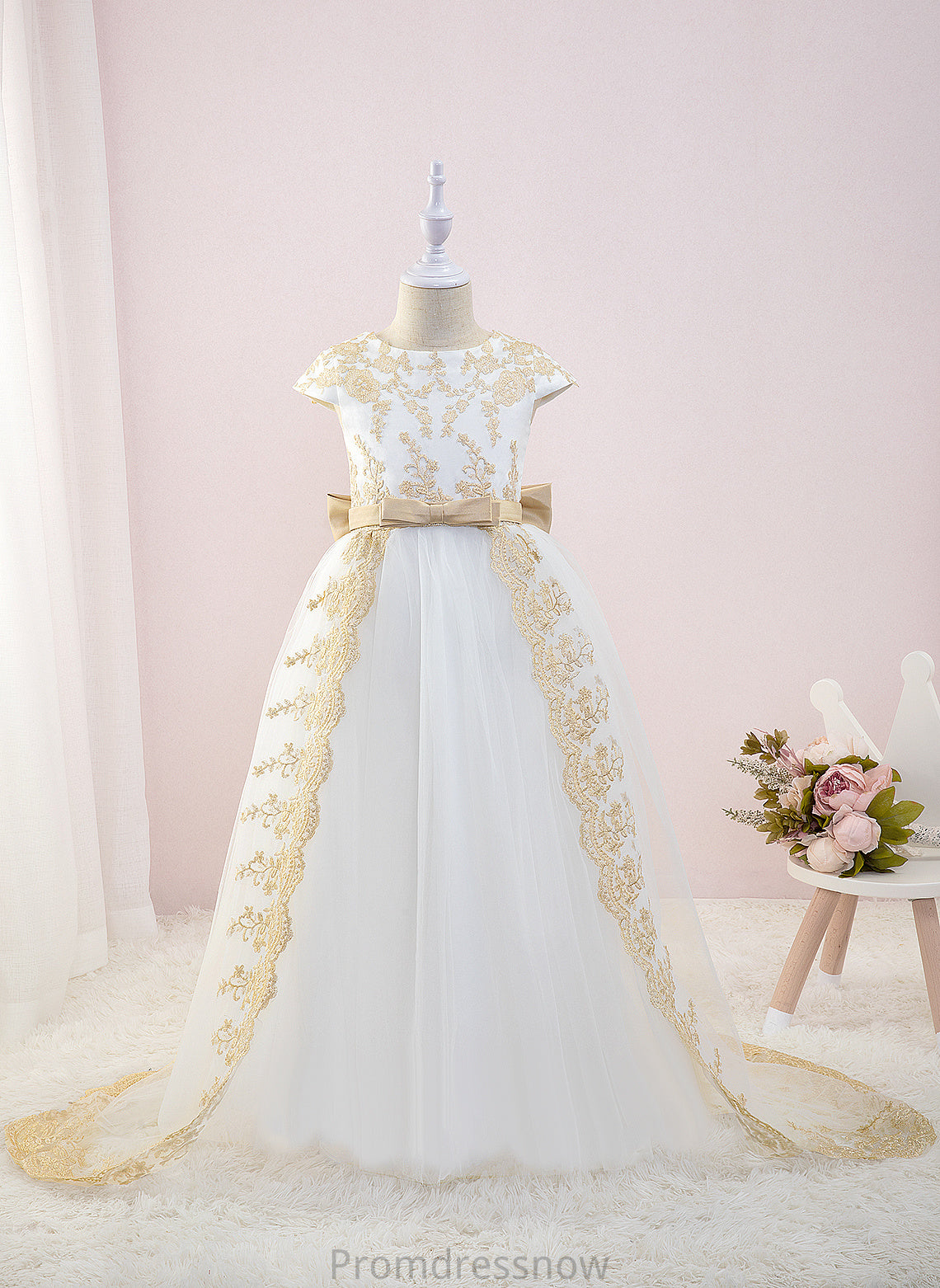 Sleeves Short Ball-Gown/Princess Train Dress With Scoop Flower Girl Dresses - Neck Girl Bow(s) Flower Joselyn Court Tulle/Lace