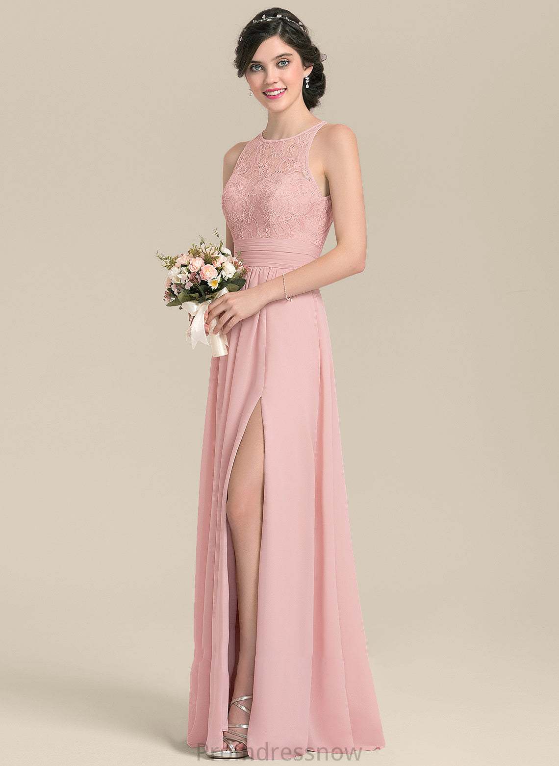 Floor-Length Embellishment SplitFront Length Fabric Neckline ScoopNeck A-Line Ruffle Silhouette Kate Short Sleeves Bridesmaid Dresses