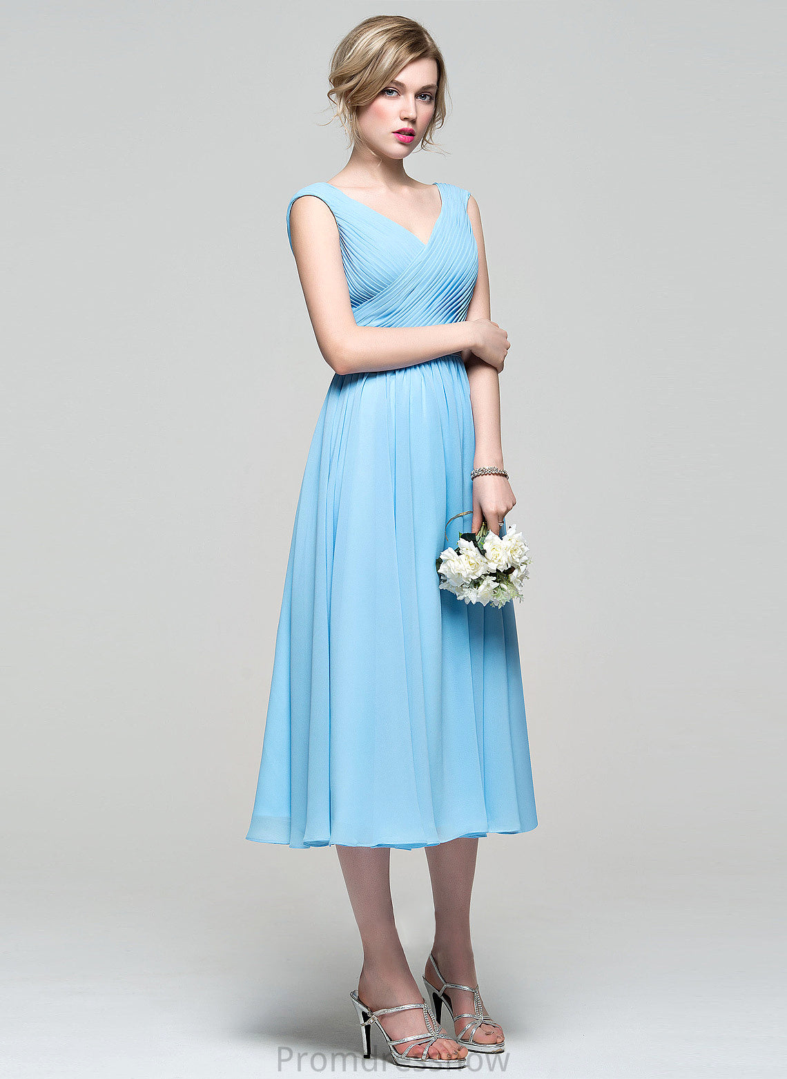 A-Line Silhouette Fabric V-neck Ruffle Length Embellishment Tea-Length Neckline Paityn Scoop A-Line/Princess Bridesmaid Dresses