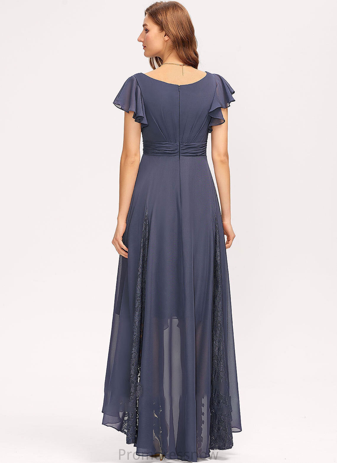 Silhouette Ruffle Fabric A-Line Length Asymmetrical Embellishment V-neck Lace Neckline Lilliana Scoop Bridesmaid Dresses