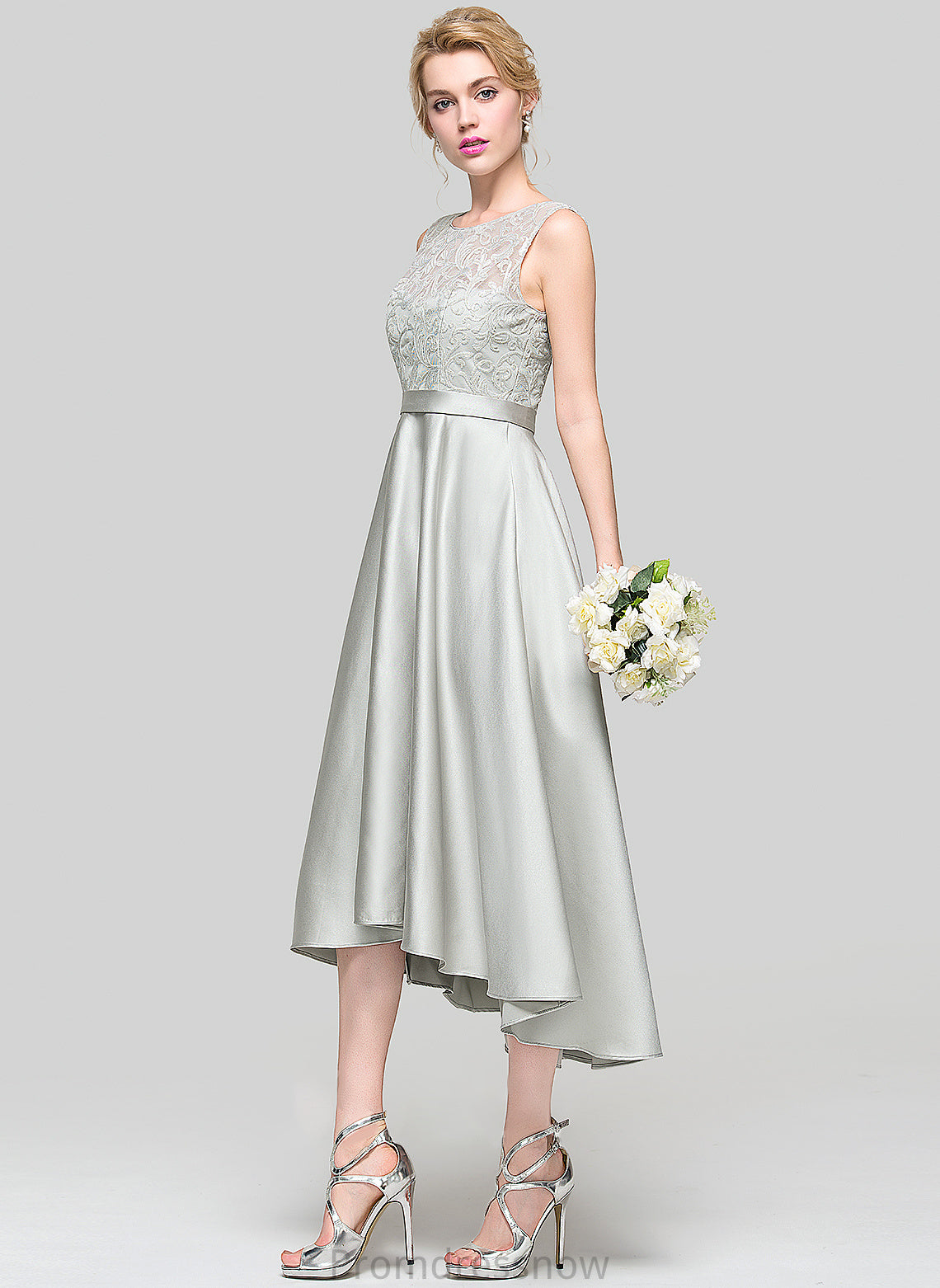 Fabric Satin Straps Asymmetrical Lace Silhouette ScoopNeck Neckline Length A-Line Judith Sleeveless Bridesmaid Dresses