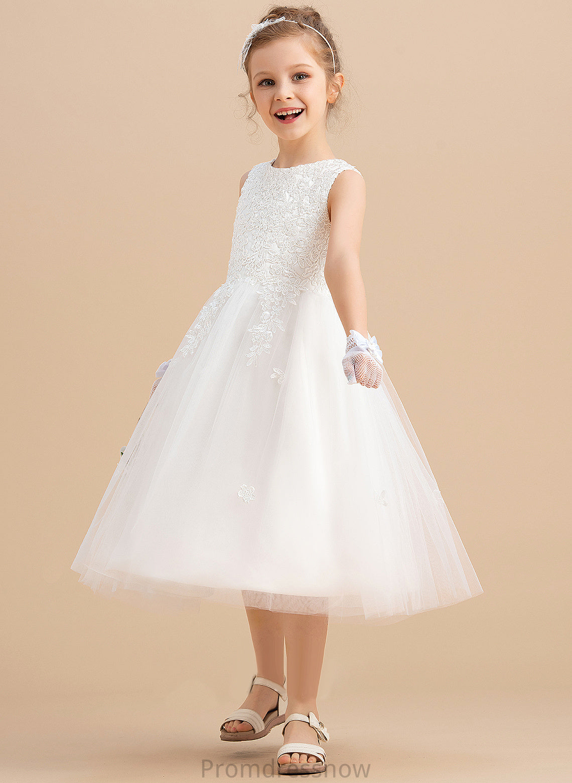 Tea-length Satin/Tulle Sleeveless Flower Girl Dresses Dress Bow(s) Neck Scoop With - Sam A-Line Flower Girl