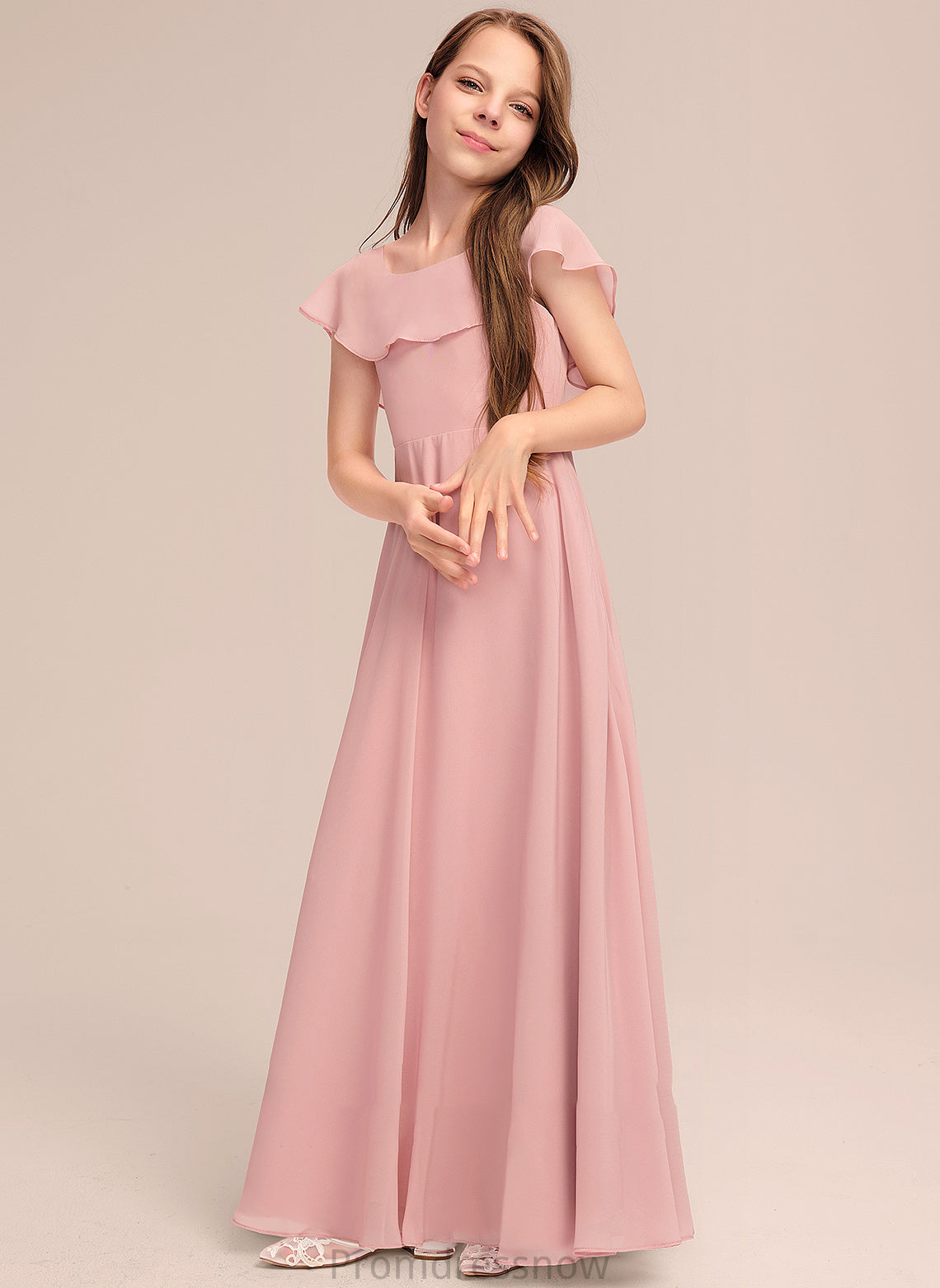 With Yaretzi Chiffon Cascading Neck Scoop Ruffles A-Line Junior Bridesmaid Dresses Floor-Length